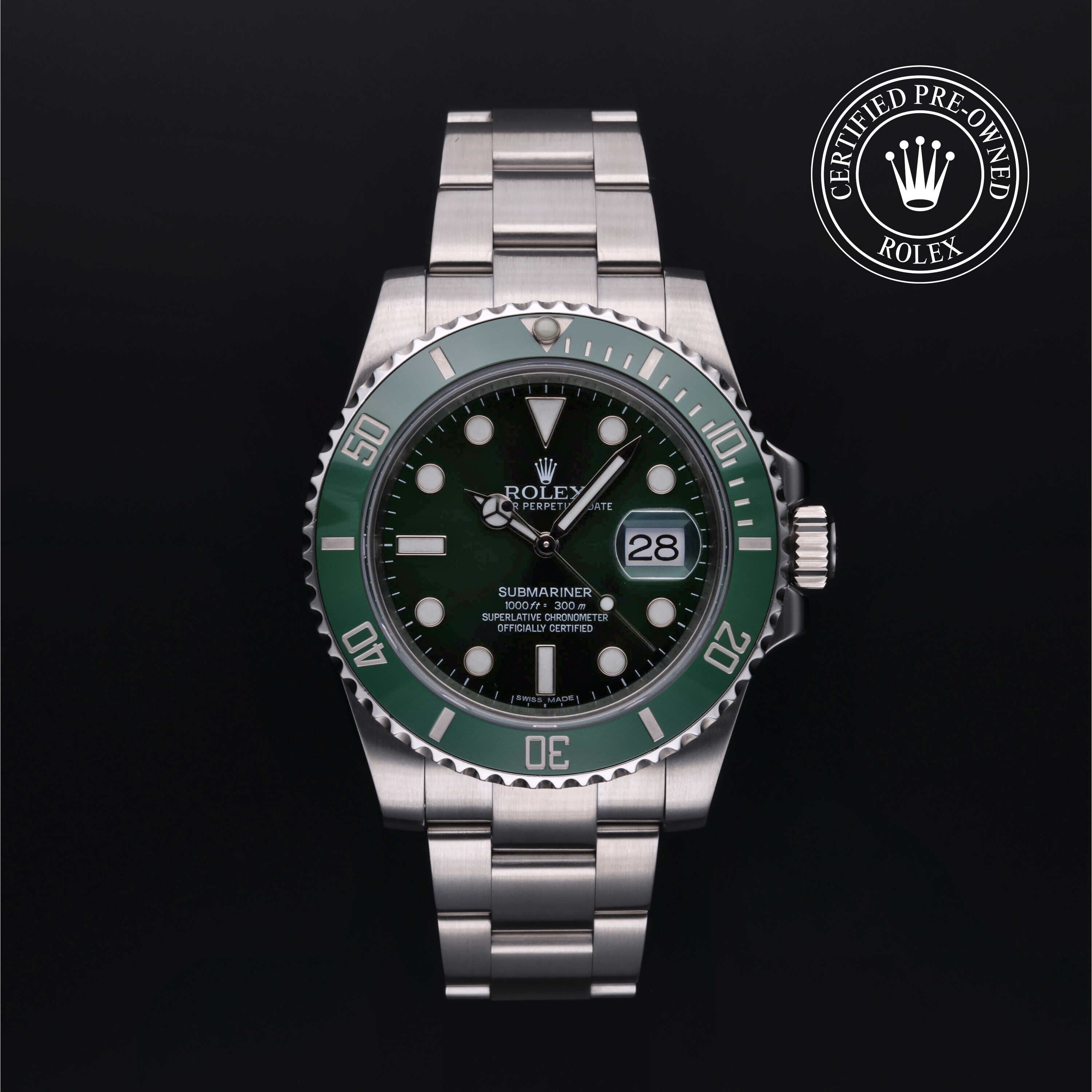 Rolex Certified Pre-owned Submariner M116610LV-0002 front on black background