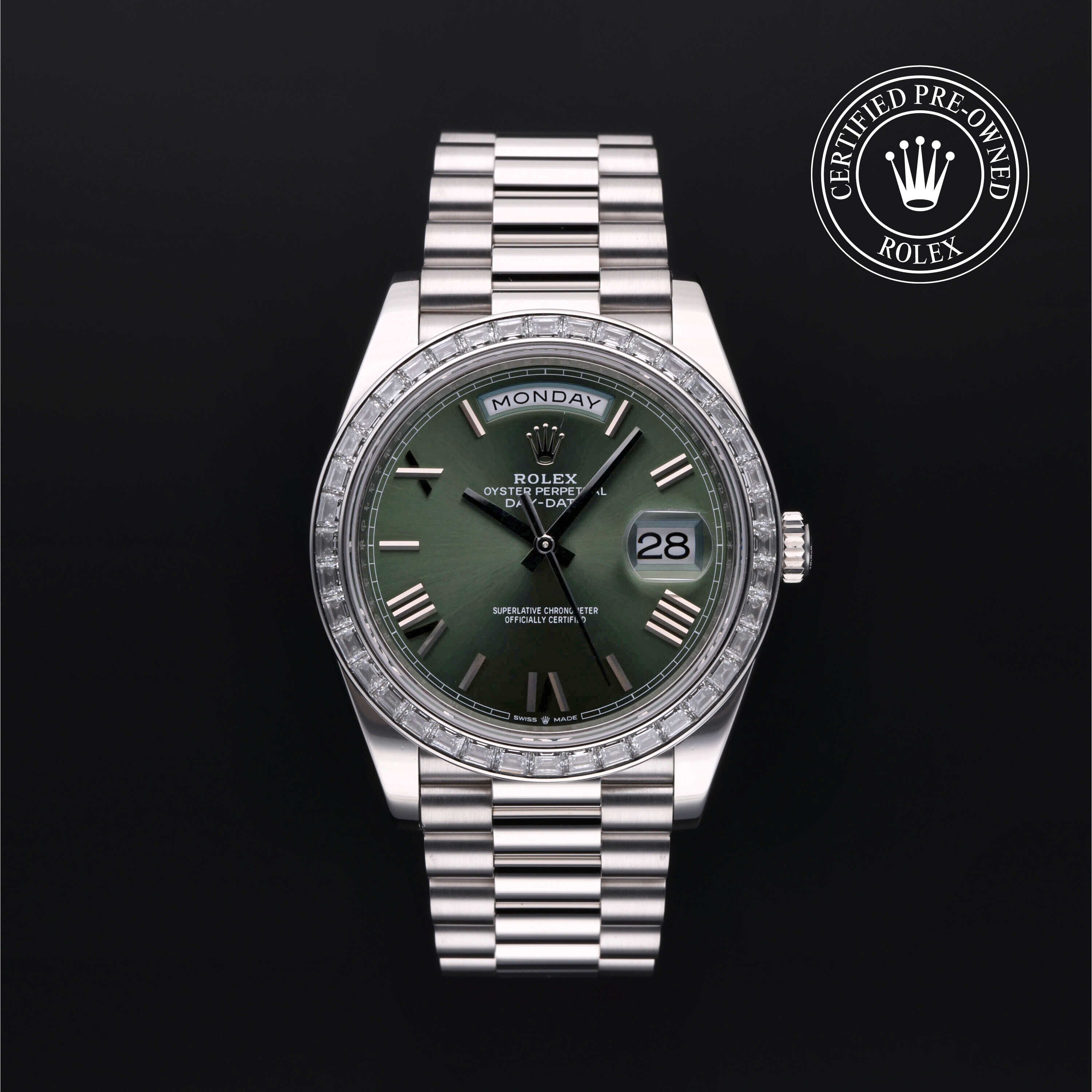 Rolex Certified Pre-owned Day-date M228396TBR-0020 front on black background