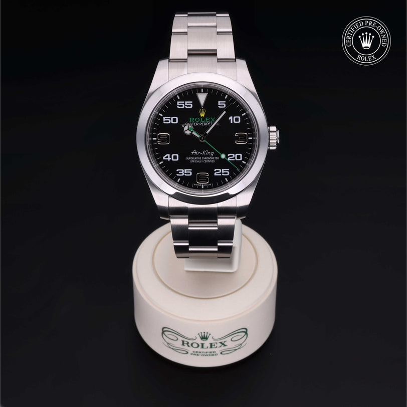 Rolex Certified Pre-owned Air-King M116900-0001 front on black background
