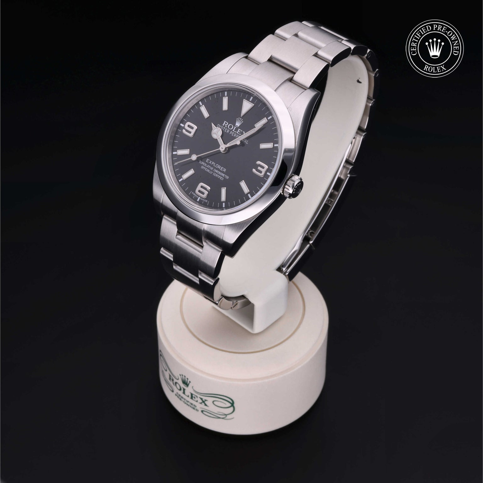 Rolex Certified Pre-owned Explorer M214270-0001 front on black background