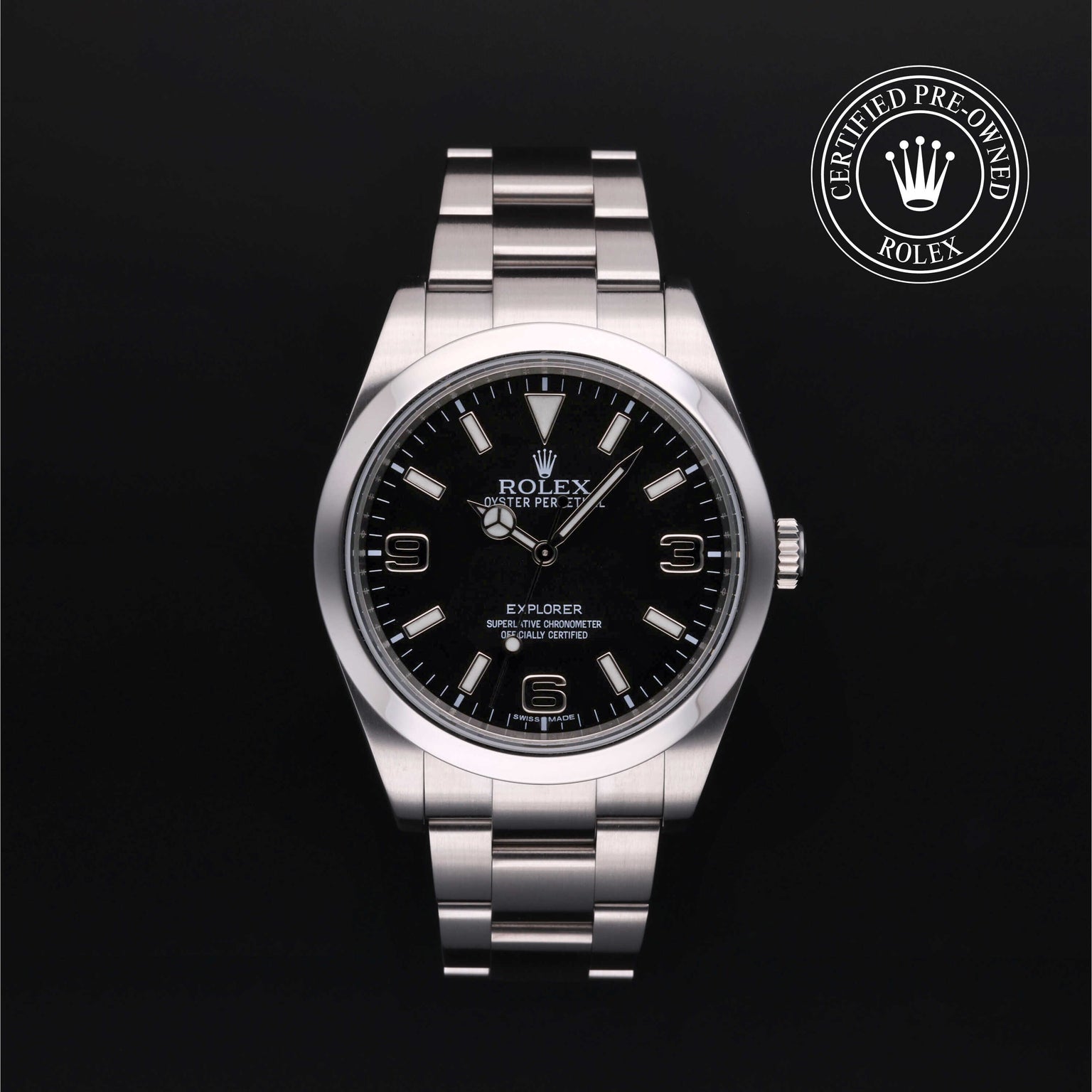 Rolex Certified Pre-owned Explorer M214270-0001 front on black background