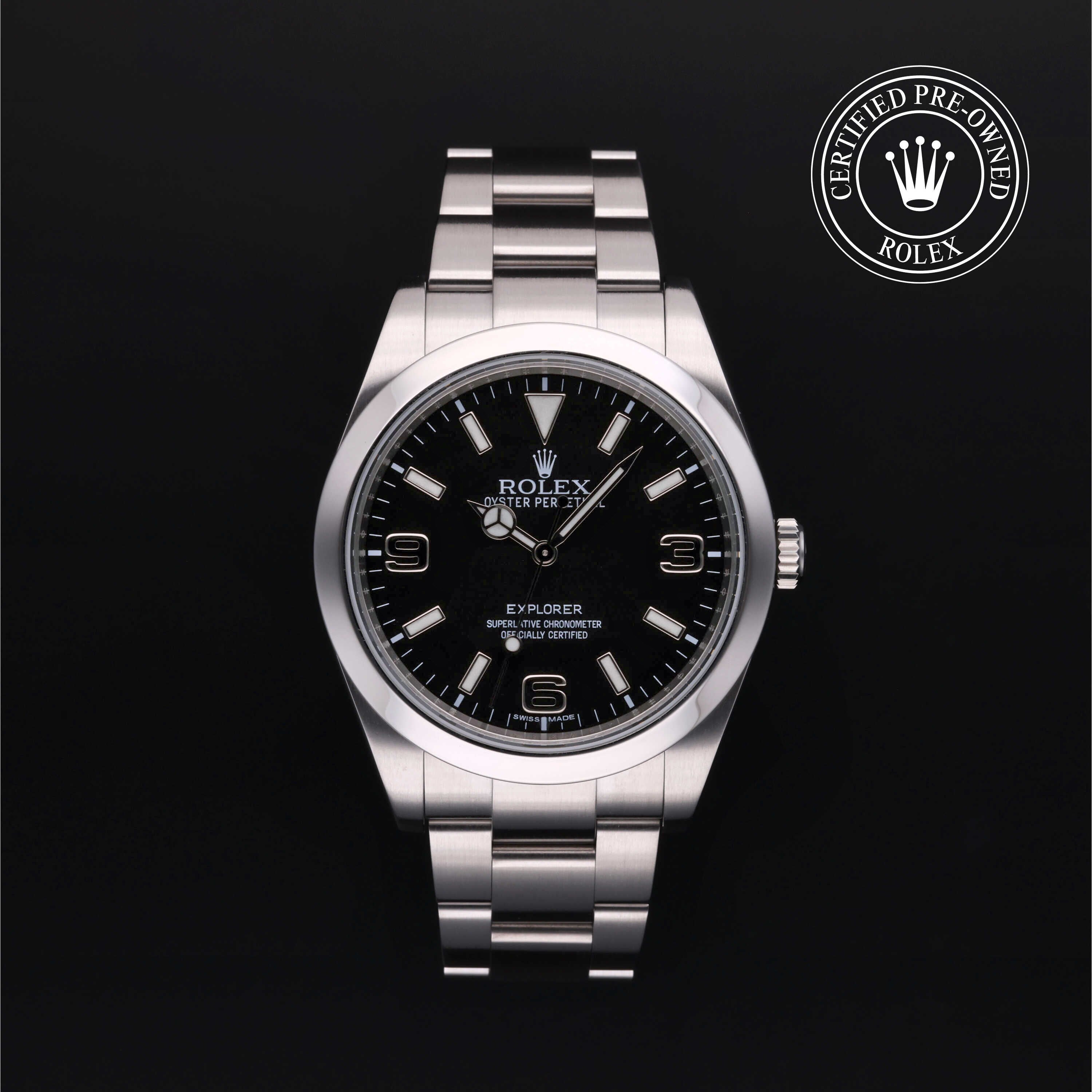 Rolex Certified Pre-owned Explorer M214270-0001 front on black background