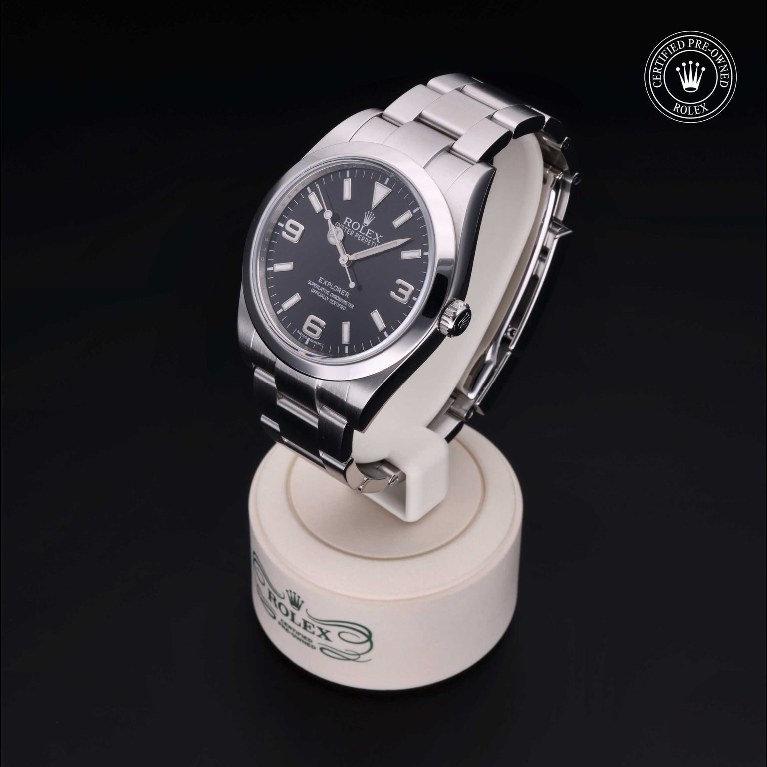 Rolex Certified Pre-owned Explorer M214270-0001 front on black background