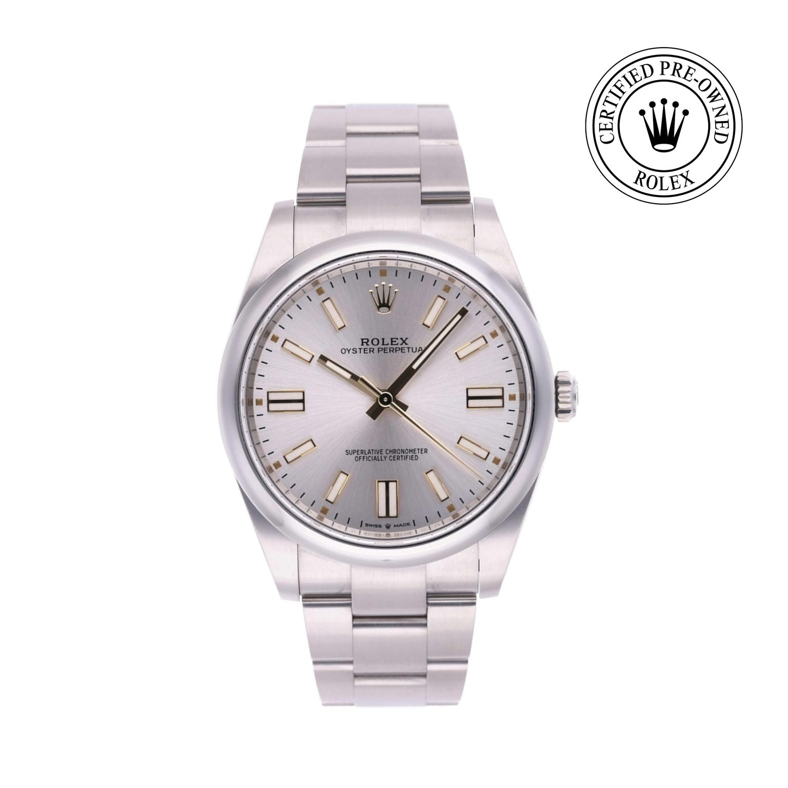Rolex CPO Oyster Perpetual M124300 front on white background