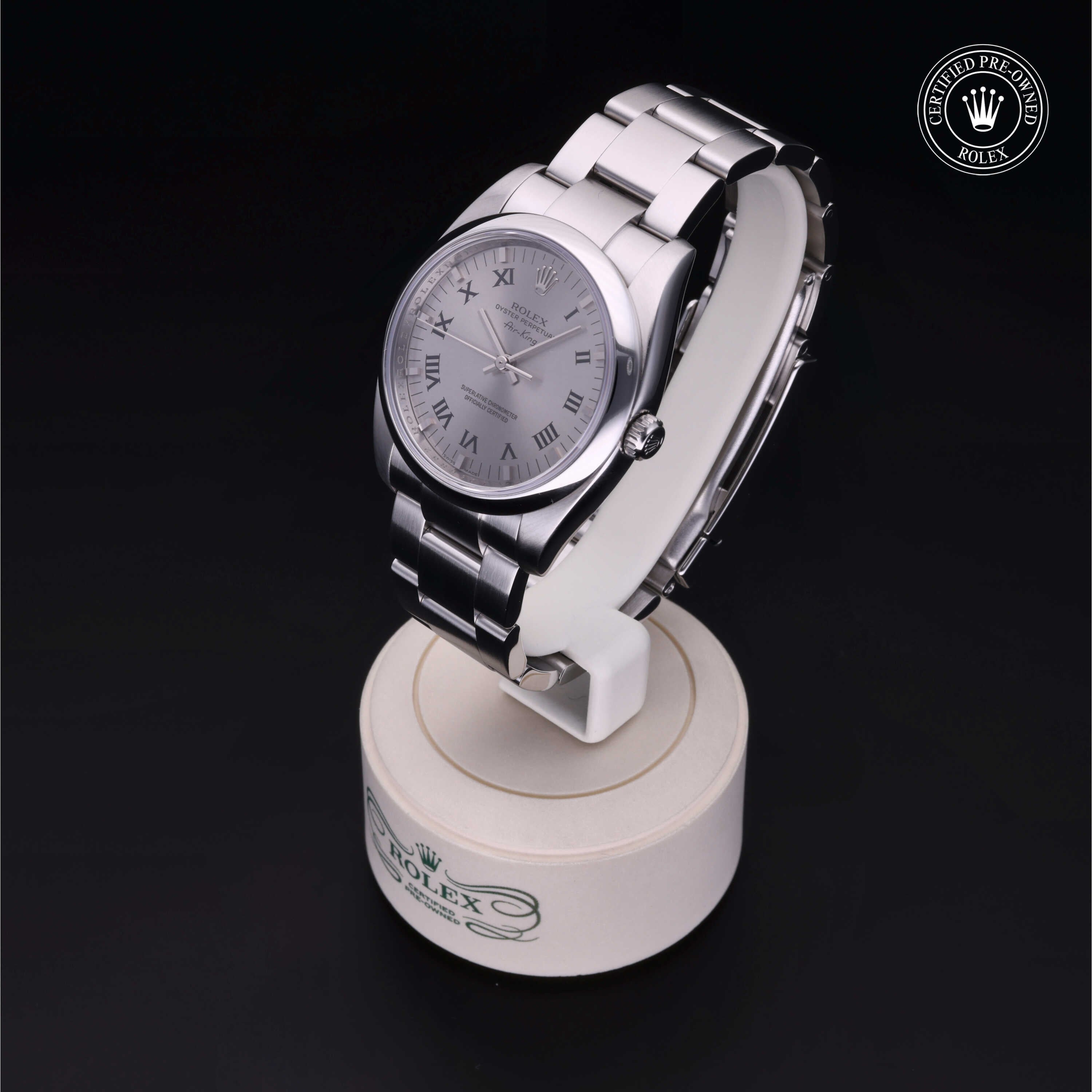 Rolex Certified Pre-owned Air-King M114200-0007 front on black background