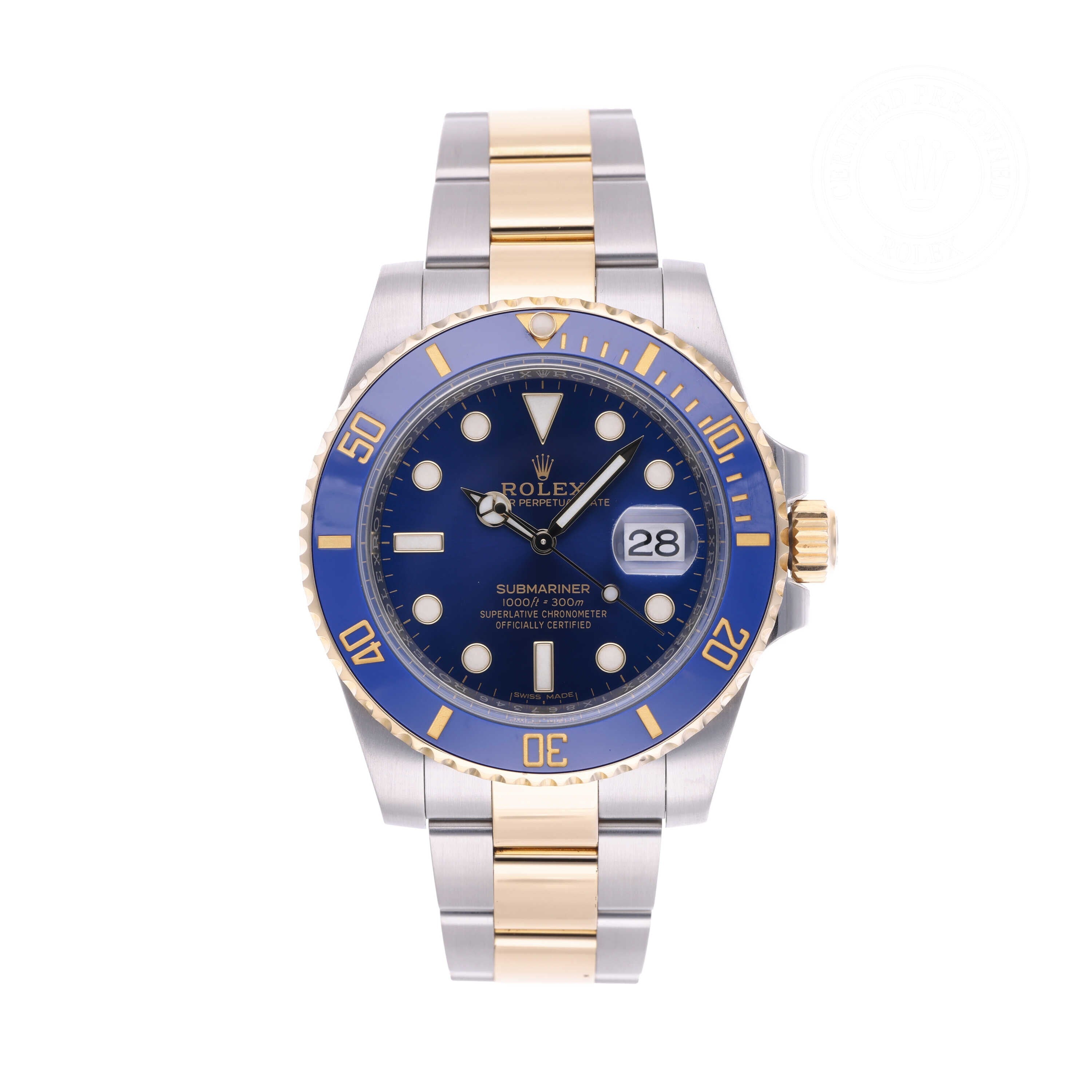 Rolex Certified Pre-owned Submariner M116613LB-0005 front on white background