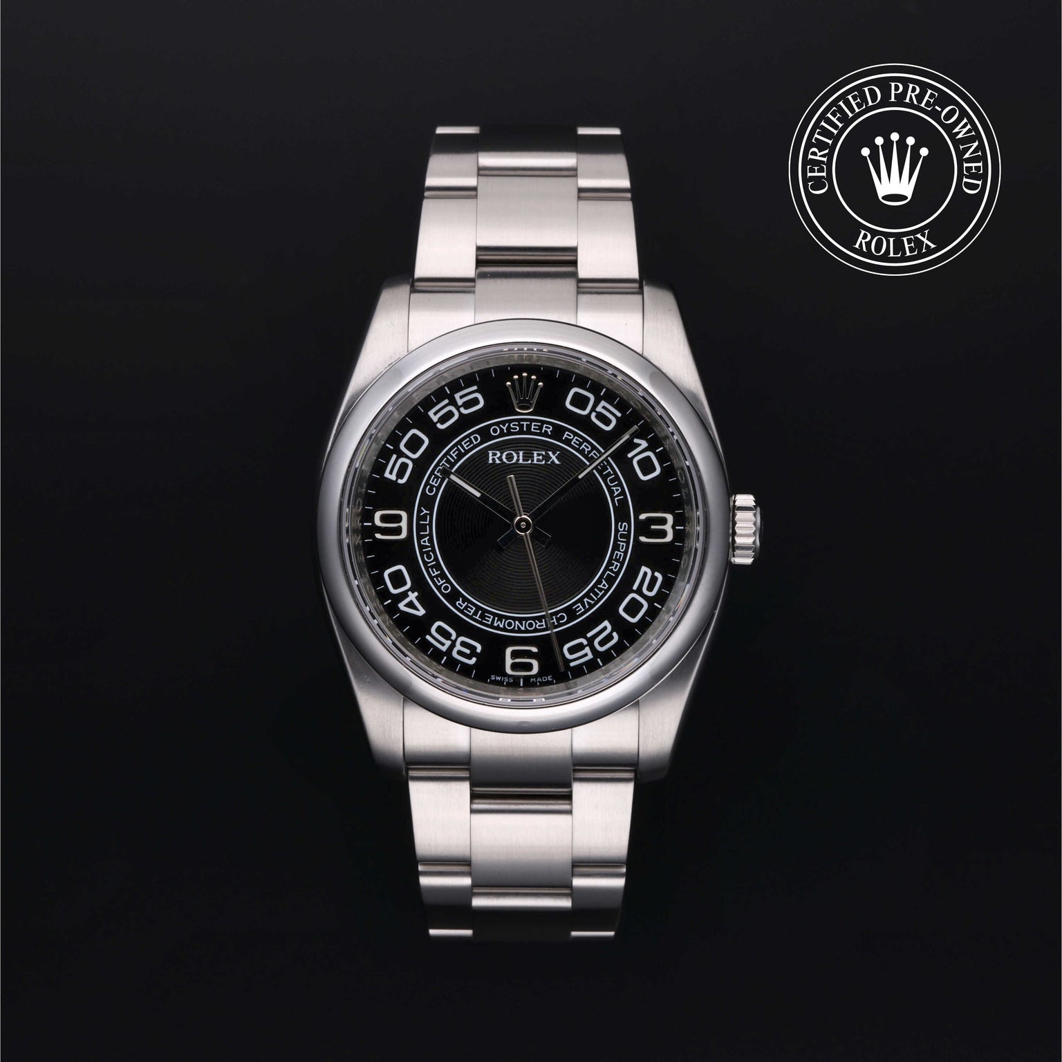 Rolex Certified Pre-owned Oyster Perpetual M116000-0005 front on black background