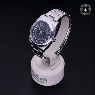 Rolex Certified Pre-owned Oyster Perpetual M116000-0005 front on black background