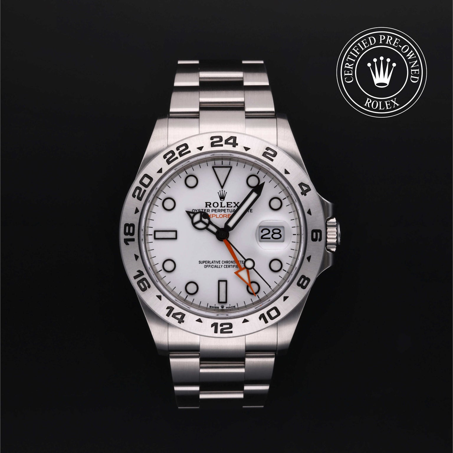 Rolex Certified Pre-owned Explorer II M226570-0001 front on black background
