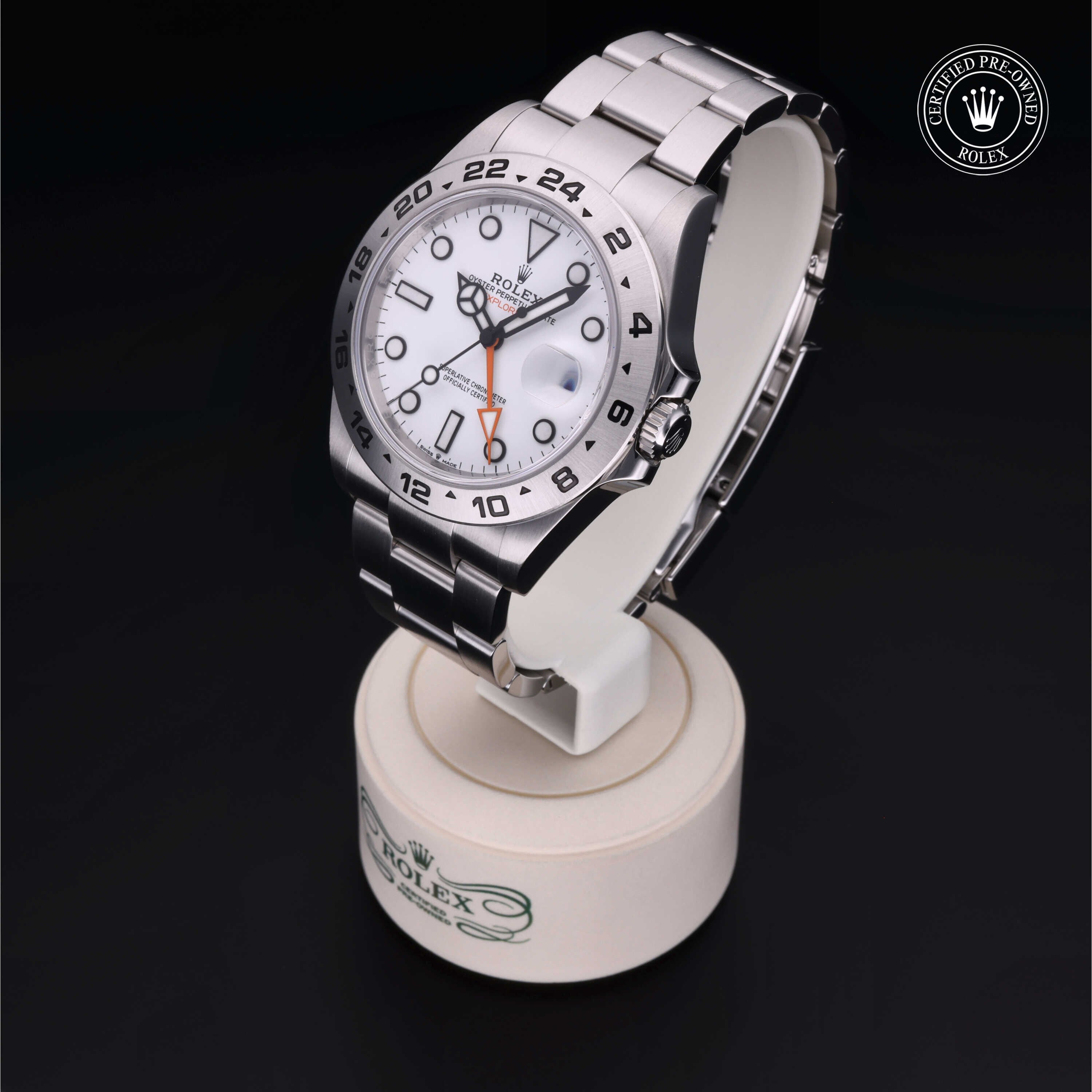 Rolex Certified Pre-owned Explorer II M226570-0001 front on black background