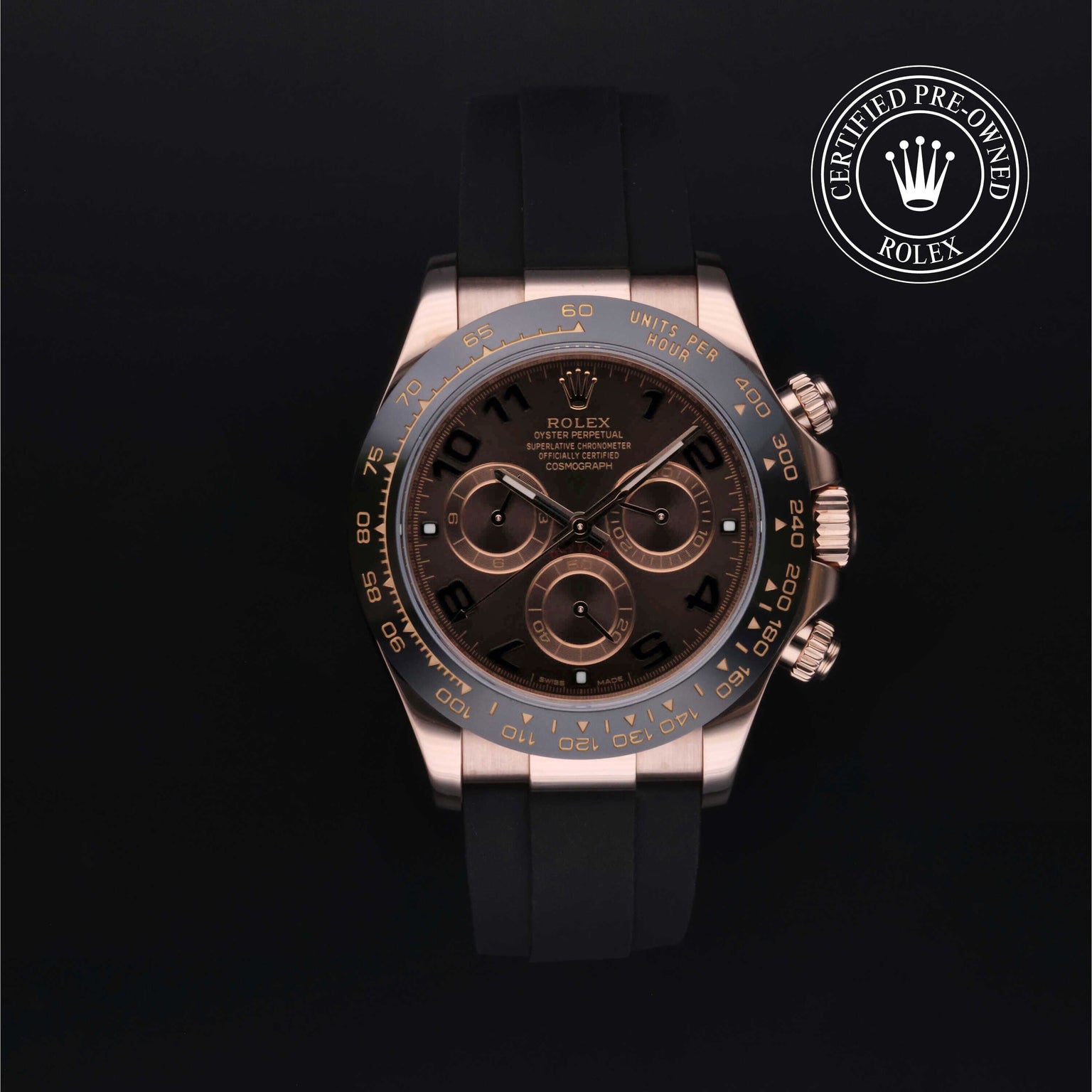 Rolex Certified Pre-owned Daytona M116515LN-0015 front on black background
