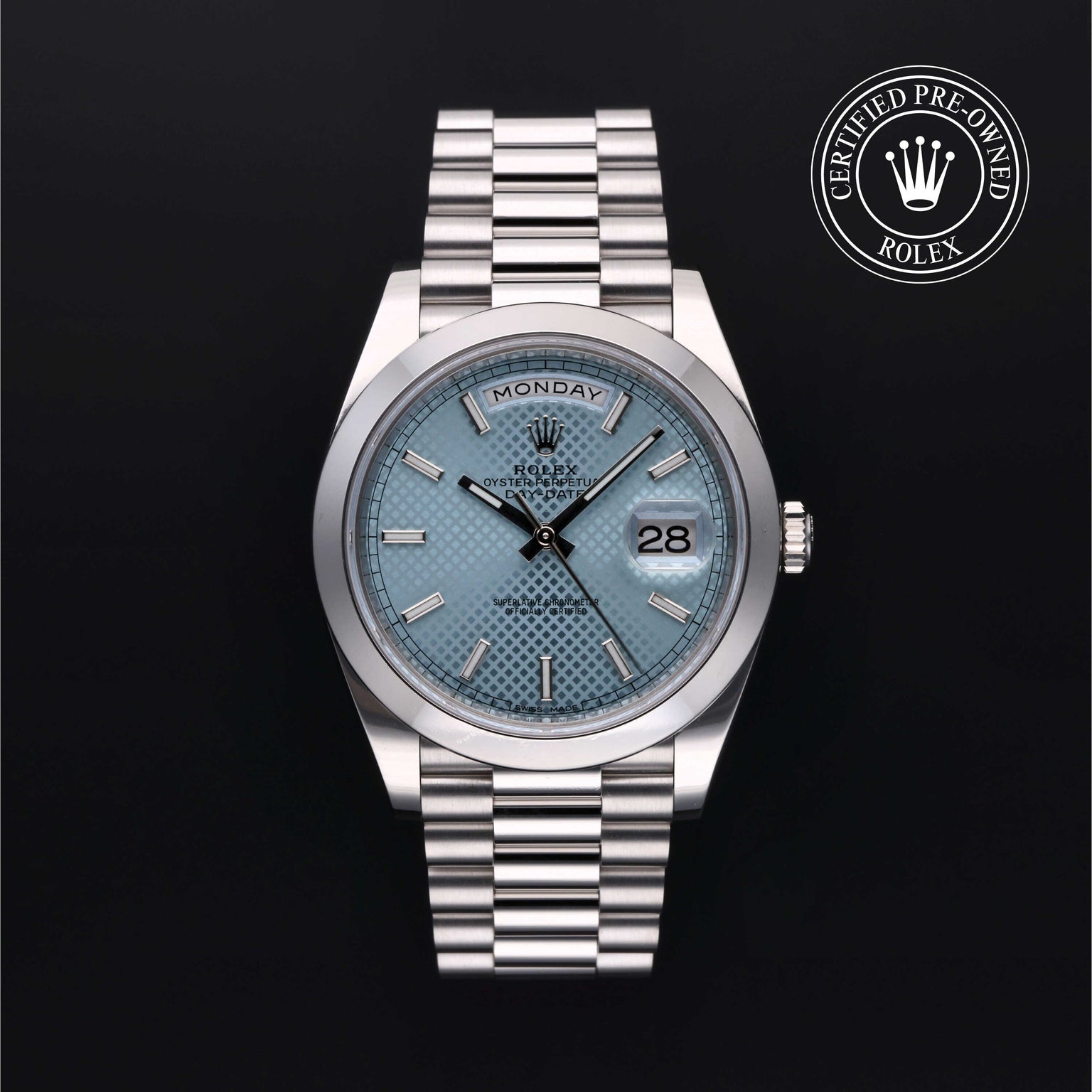 Rolex Certified Pre-owned Day-date M228206-0028 front on black background