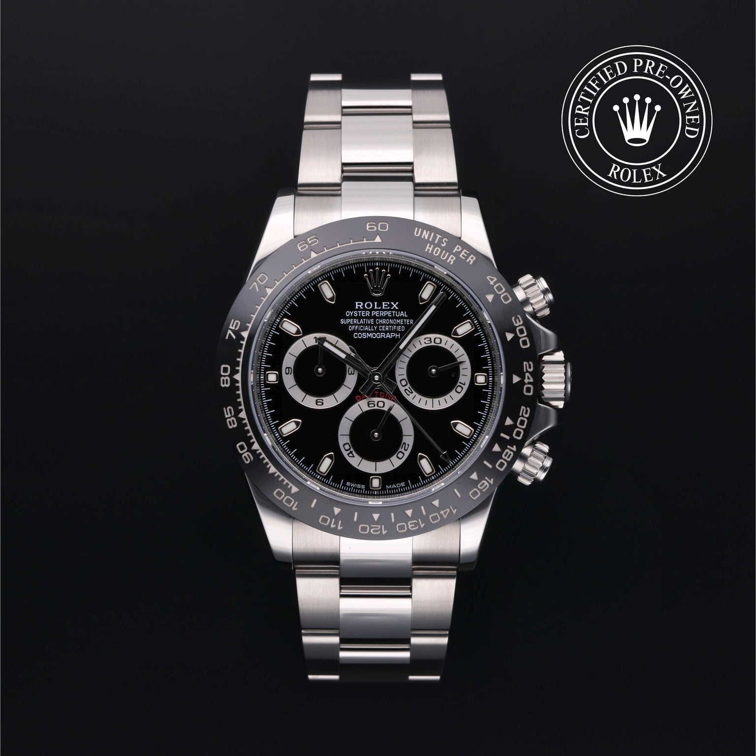 Rolex Certified Pre-owned Daytona M116500LN-0002 front on black background