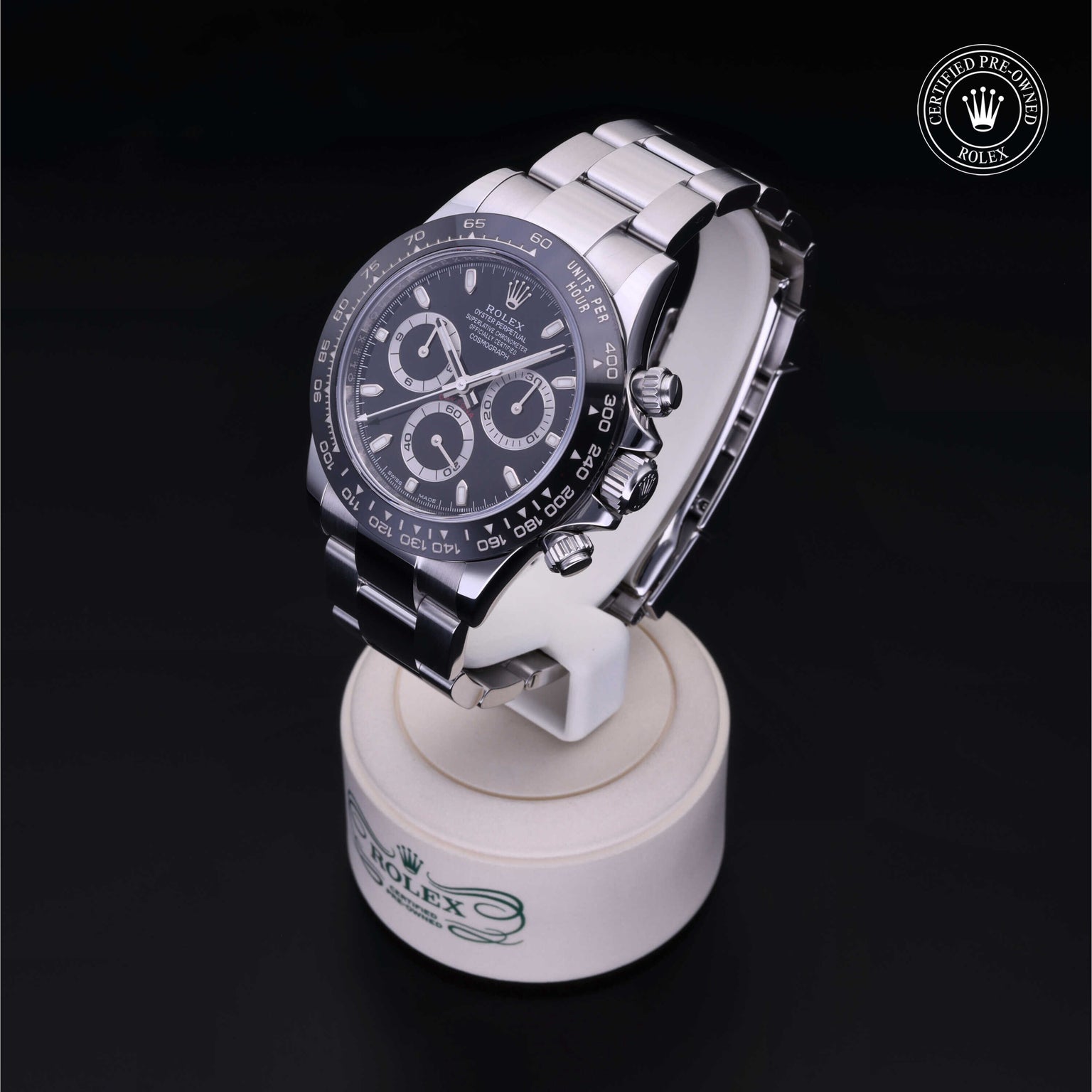 Rolex Certified Pre-owned Daytona M116500LN-0002 front on black background