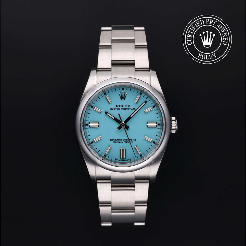 Rolex Certified Pre-owned Oyster Perpetual M126000-0006 front on black background