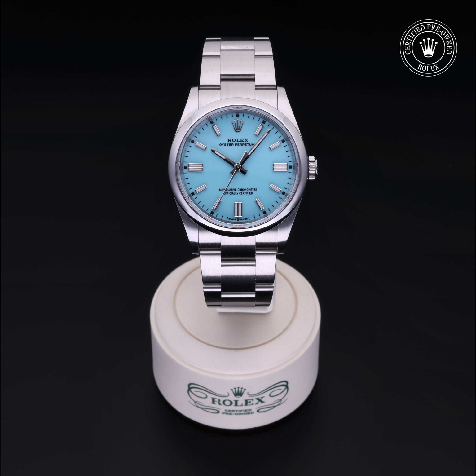 Rolex Certified Pre-owned Oyster Perpetual M126000-0006 front on black background