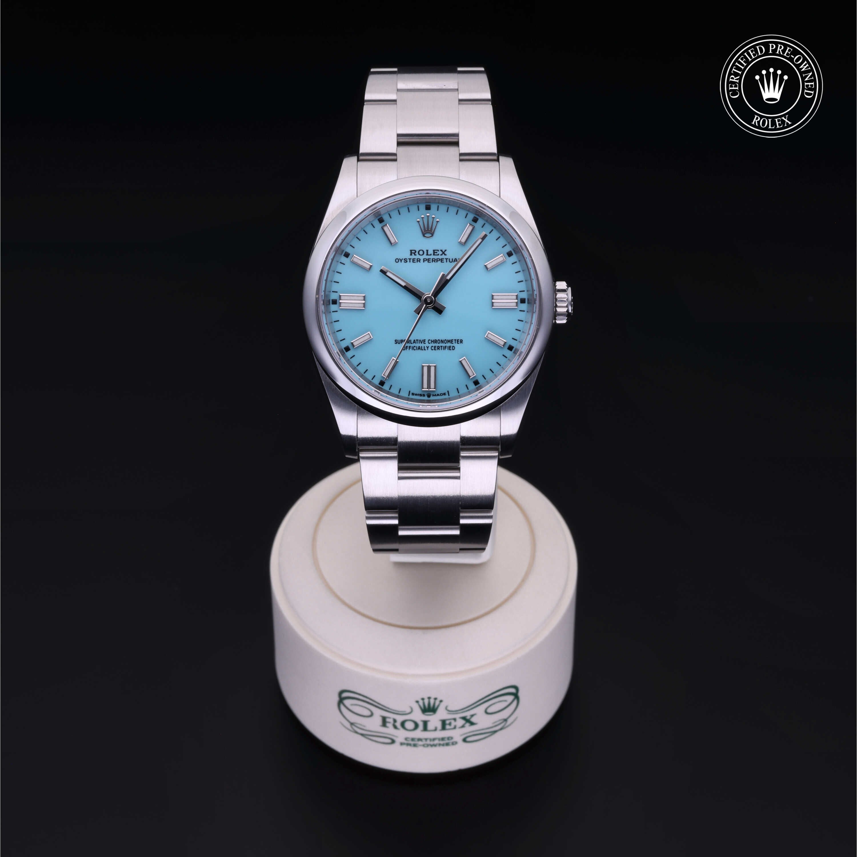 Rolex Certified Pre-owned Oyster Perpetual M126000-0006 front on black background