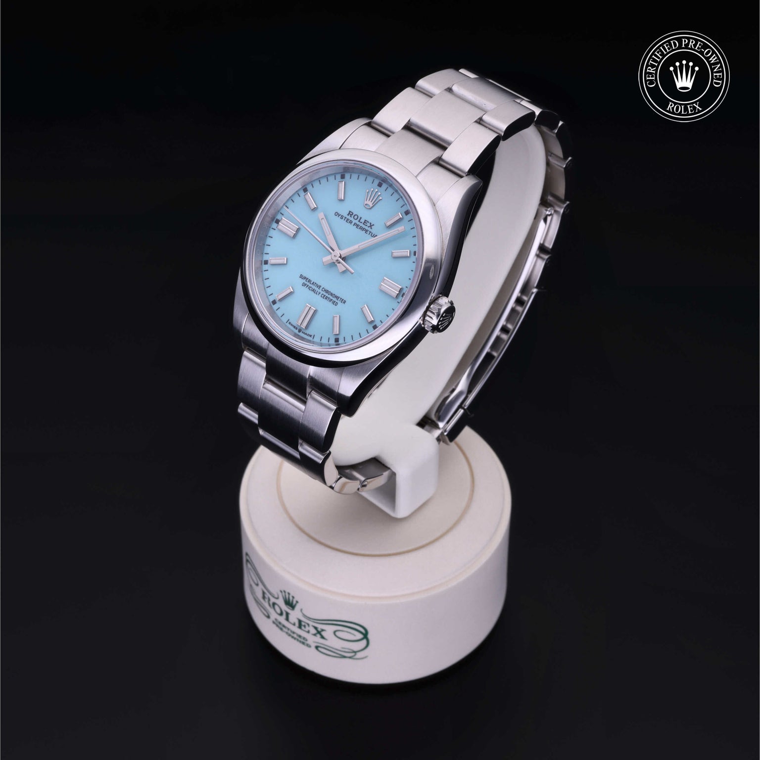Rolex Certified Pre-owned Oyster Perpetual M126000-0006 front on black background