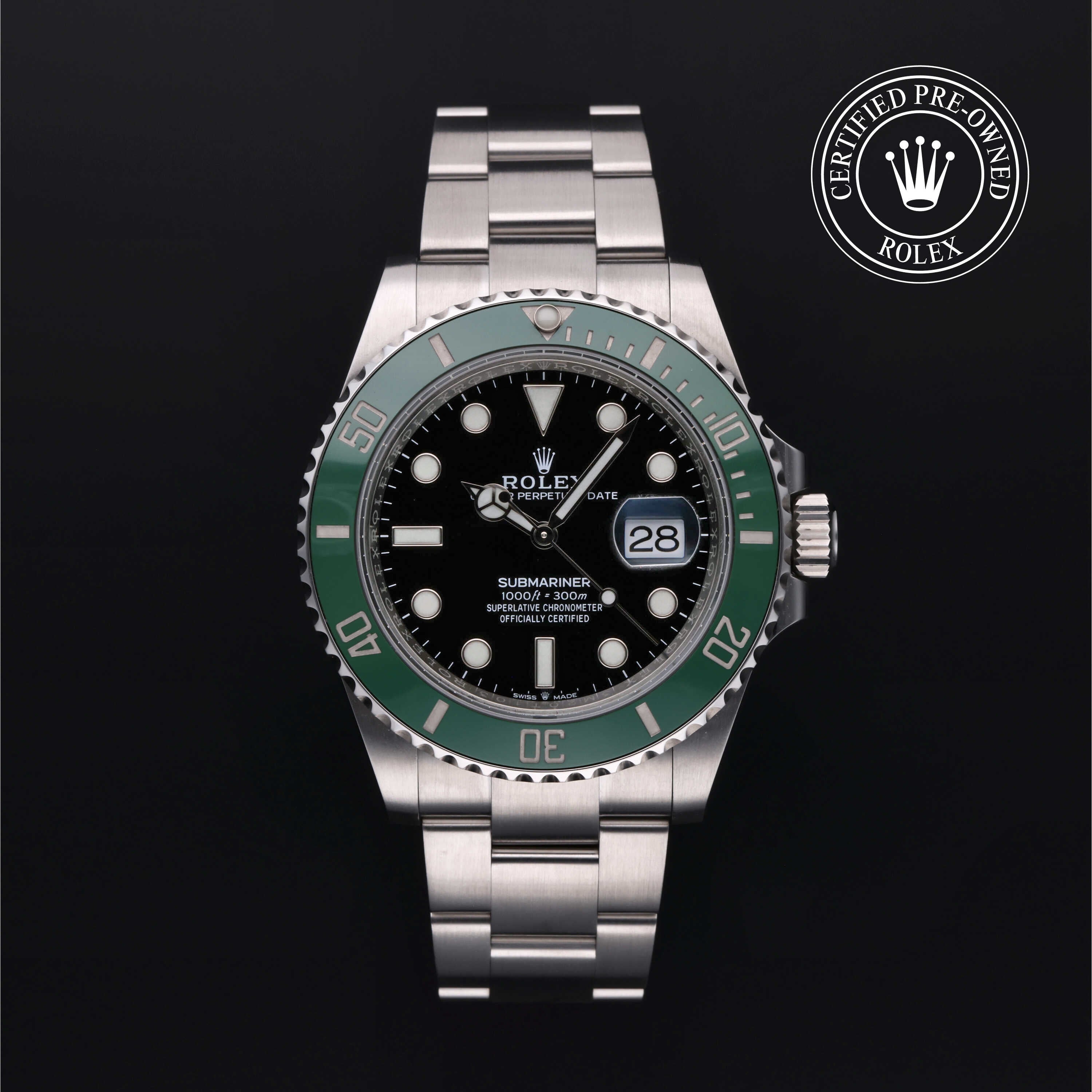 Rolex Certified Pre-owned Submariner M126610LV-0002 front on black background