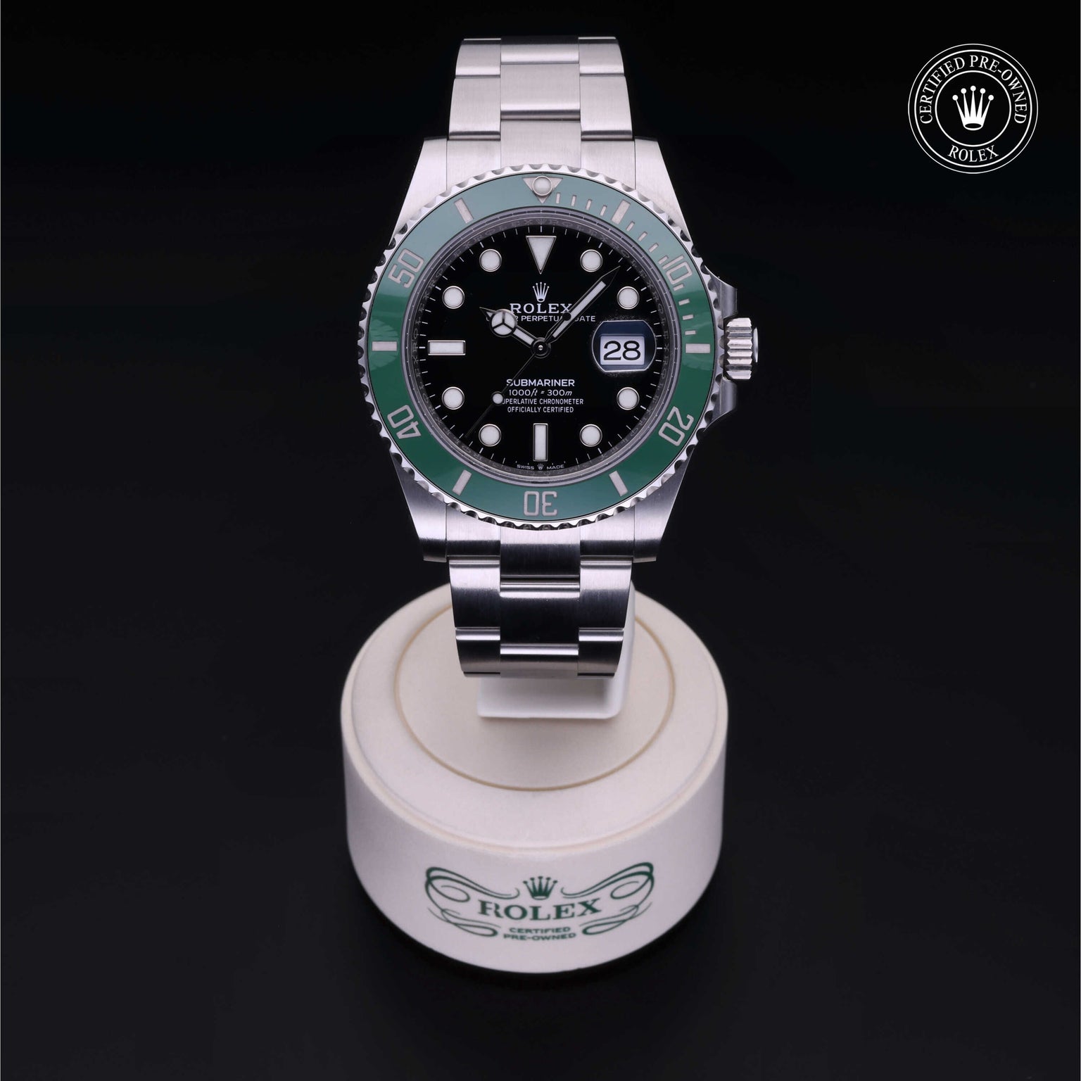 Rolex Certified Pre-owned Submariner M126610LV-0002 front on black background