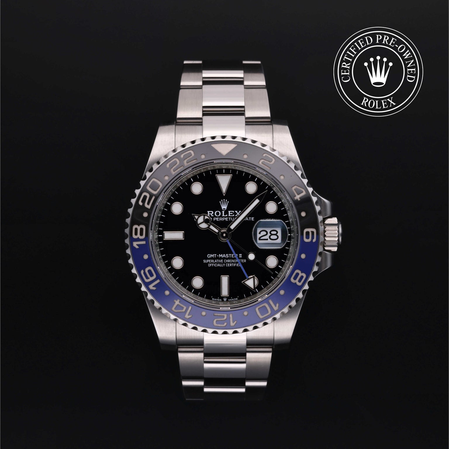 Rolex Certified Pre-owned GMT M126710BLNR-0003 front on black background