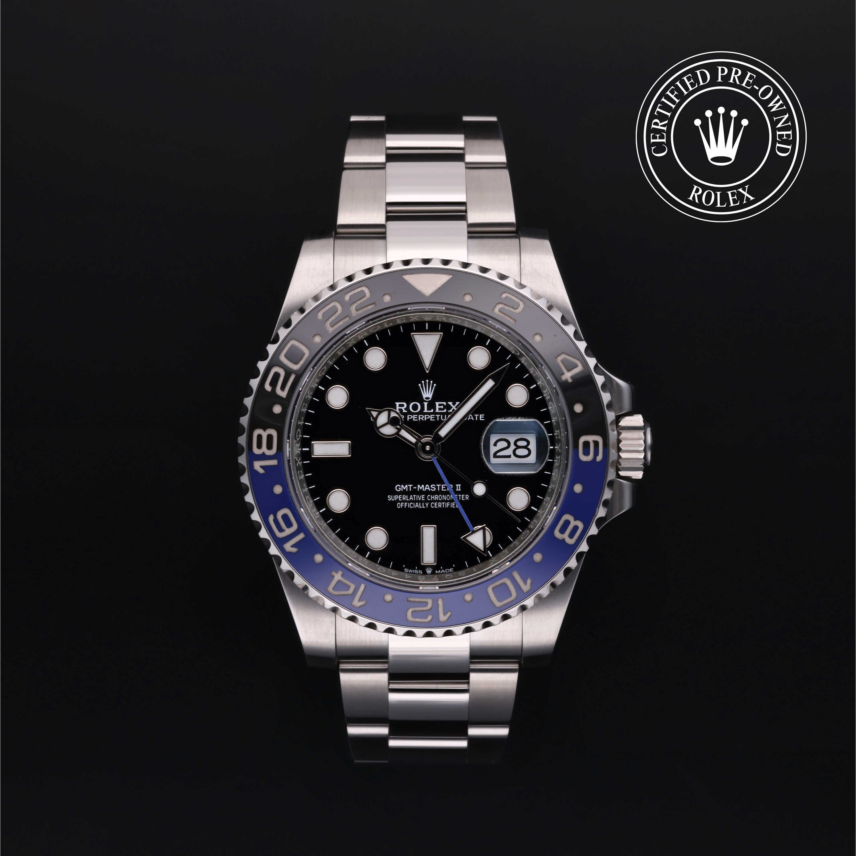 Rolex Certified Pre-owned GMT M126710BLNR-0003 front on black background