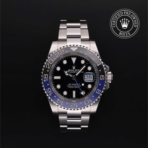 Rolex Certified Pre-owned GMT M126710BLNR-0003 front on black background
