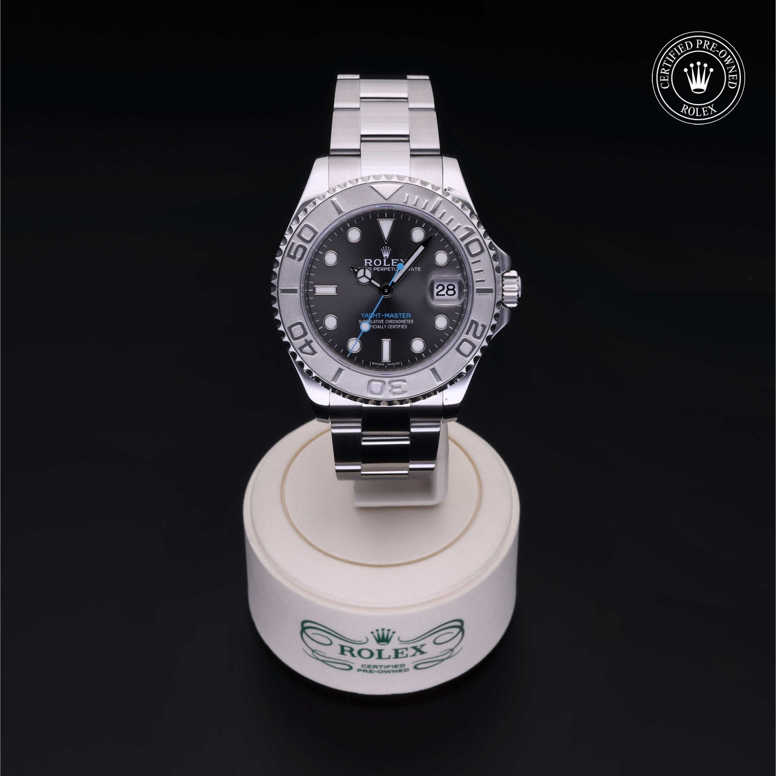 Rolex Certified Pre-owned Yacht-Master M268622-0002 front on black background