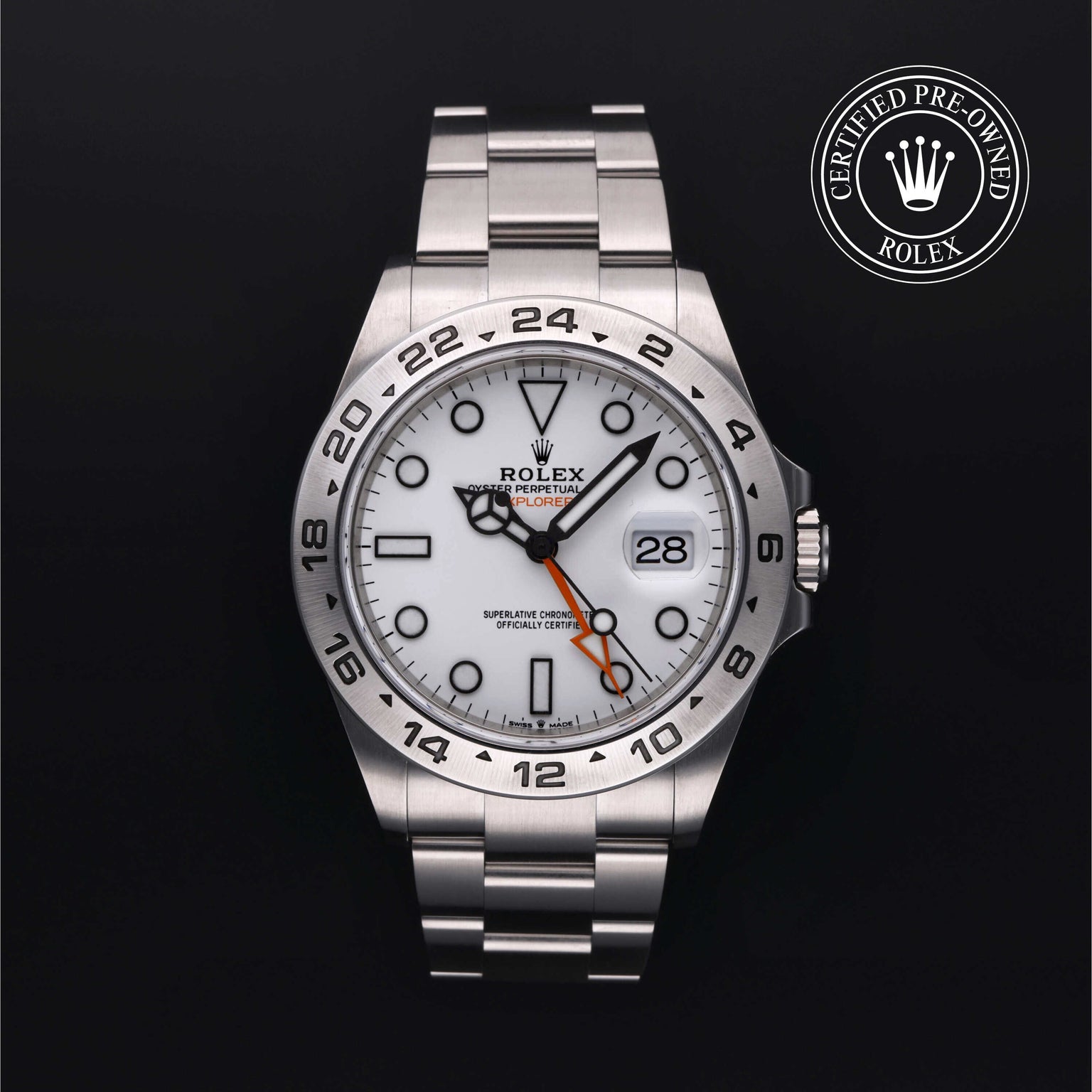 Rolex Certified Pre-owned Explorer M226570-0001 front on black background
