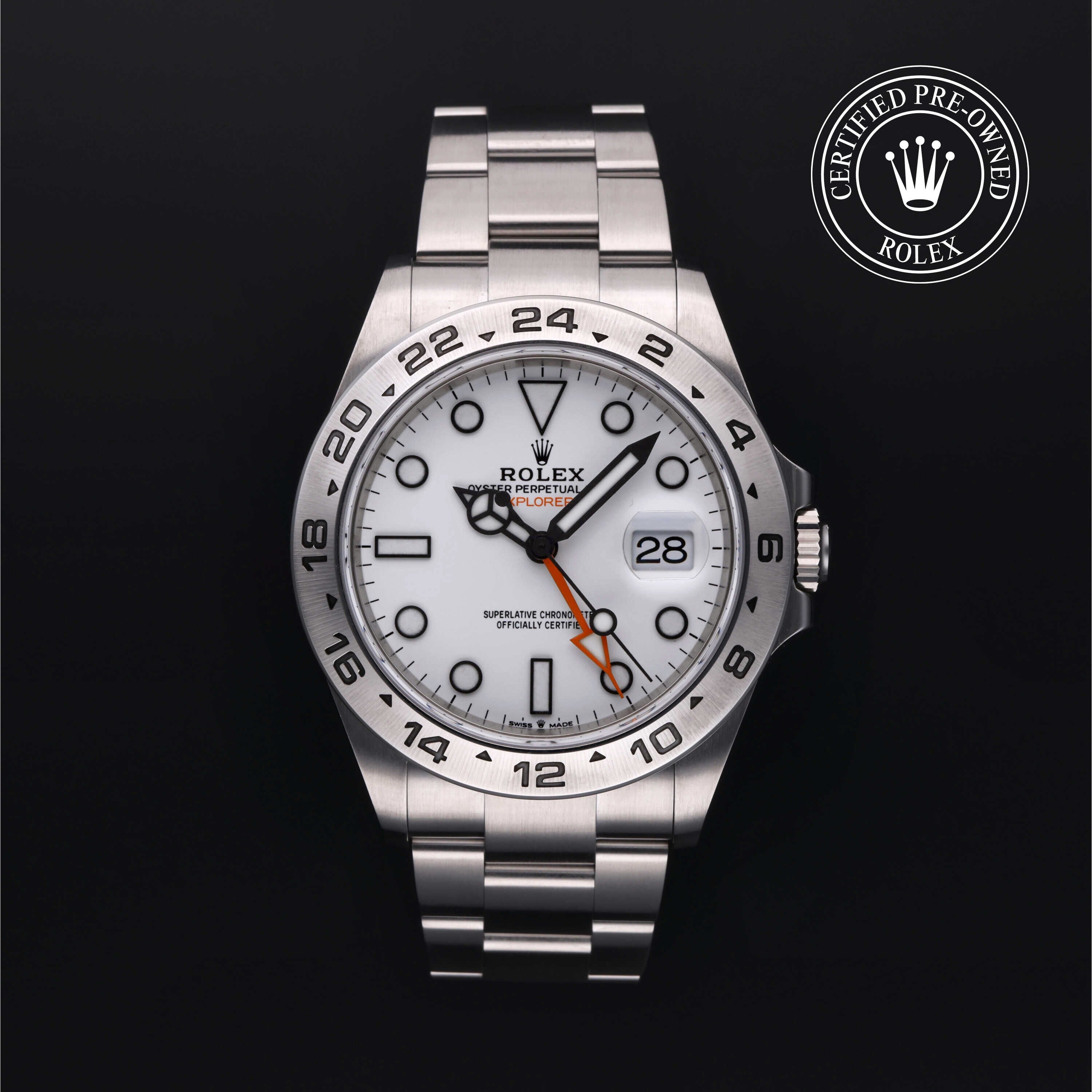 Rolex Certified Pre-owned Explorer M226570-0001 front on black background