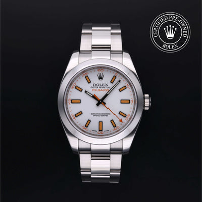 Rolex Certified Pre-owned Milgauss M116400-0002 front on black background