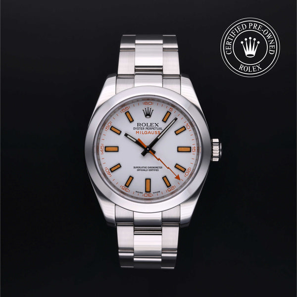 Rolex Certified Pre-owned Milgauss M116400-0002 front on black background