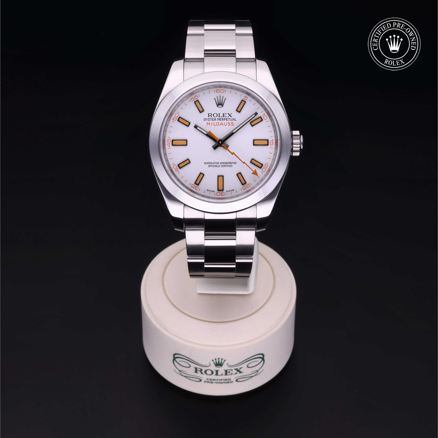 Rolex Certified Pre-owned Milgauss M116400-0002 front on black background