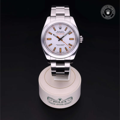 Rolex Certified Pre-owned Milgauss M116400-0002 front on black background