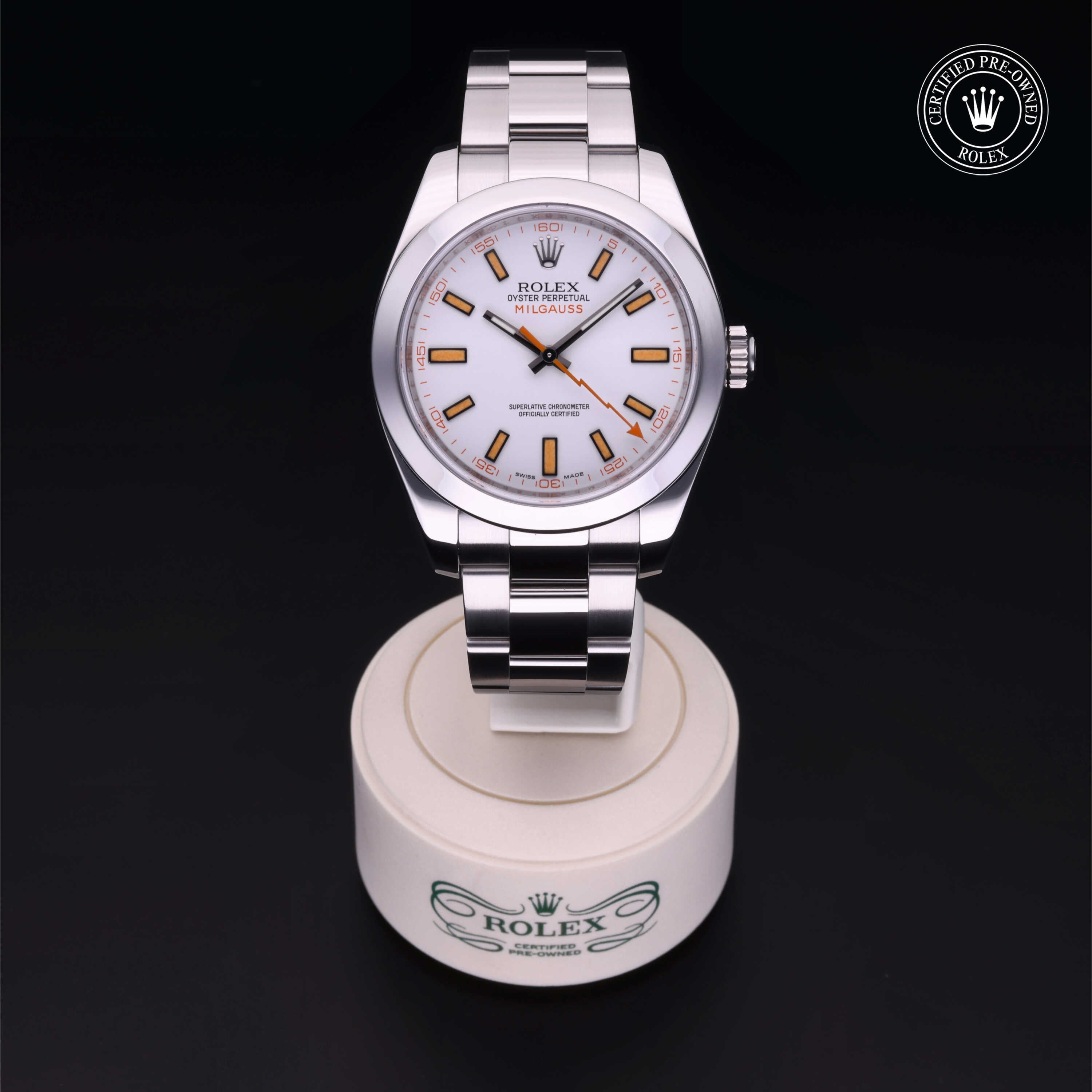 Rolex Certified Pre-owned Milgauss M116400-0002 front on black background