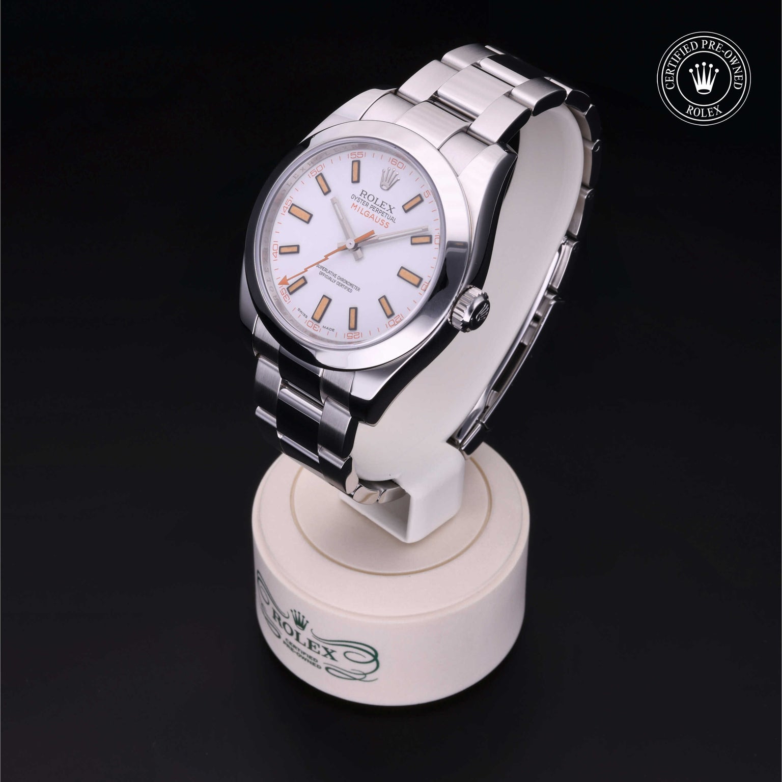 Rolex Certified Pre-owned Milgauss M116400-0002 front on black background