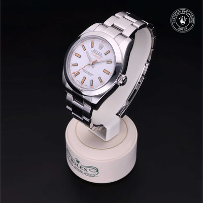 Rolex Certified Pre-owned Milgauss M116400-0002 front on black background