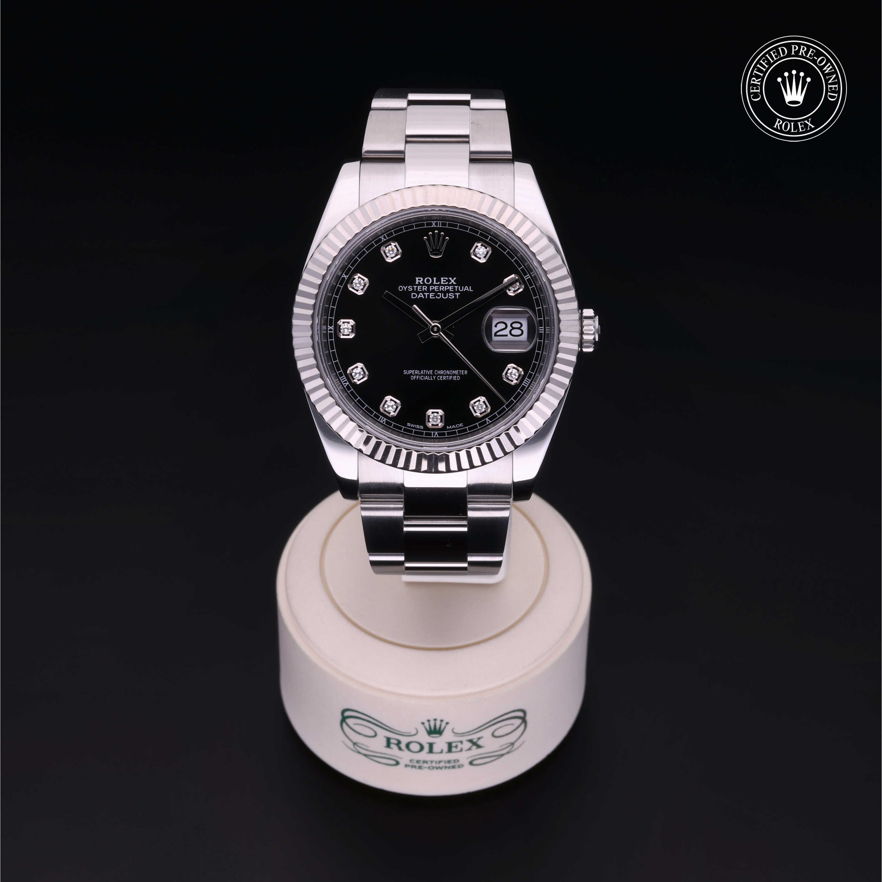 Rolex Certified Pre-owned Datejust M126334-0011 front on black background