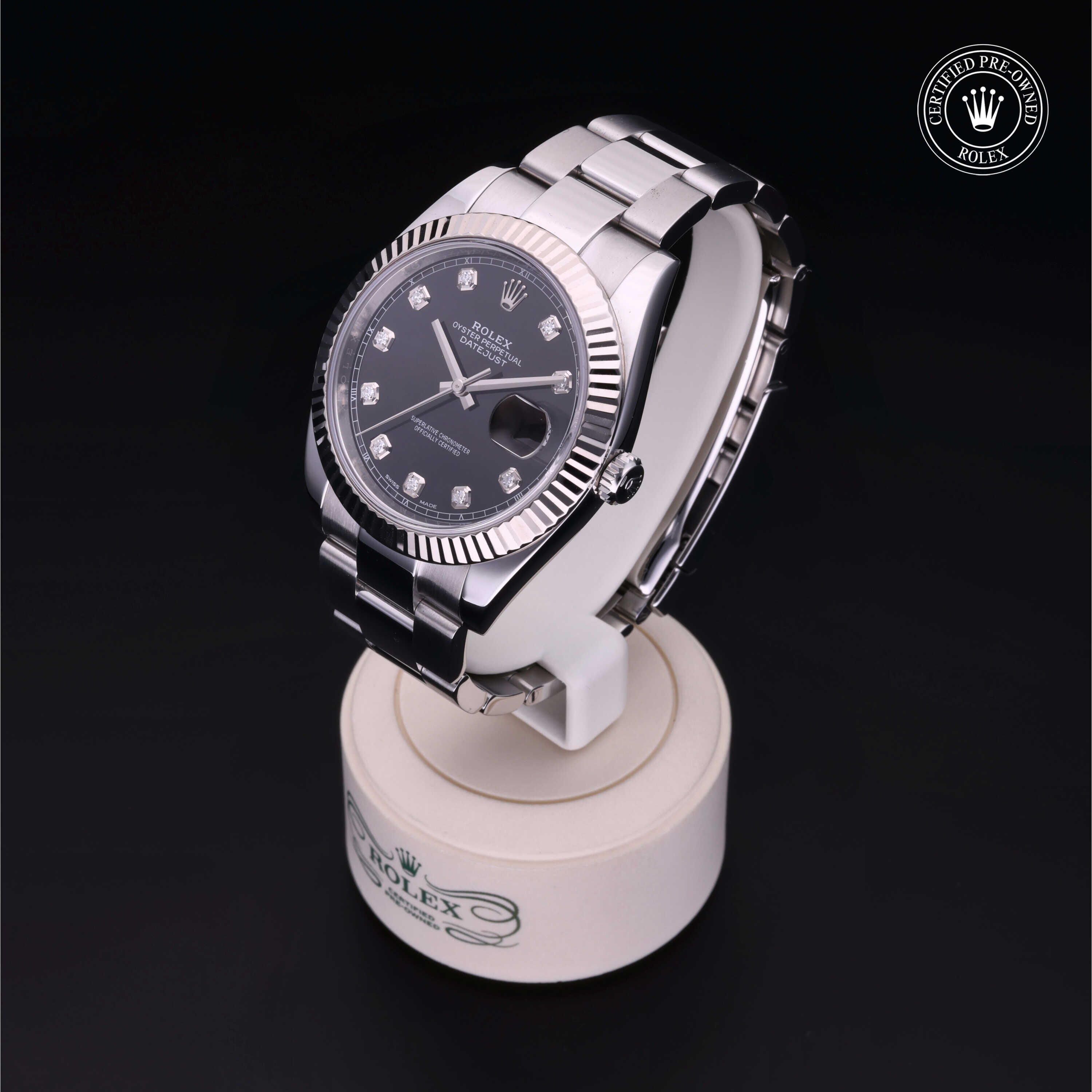 Rolex Certified Pre-owned Datejust M126334-0011 front on black background