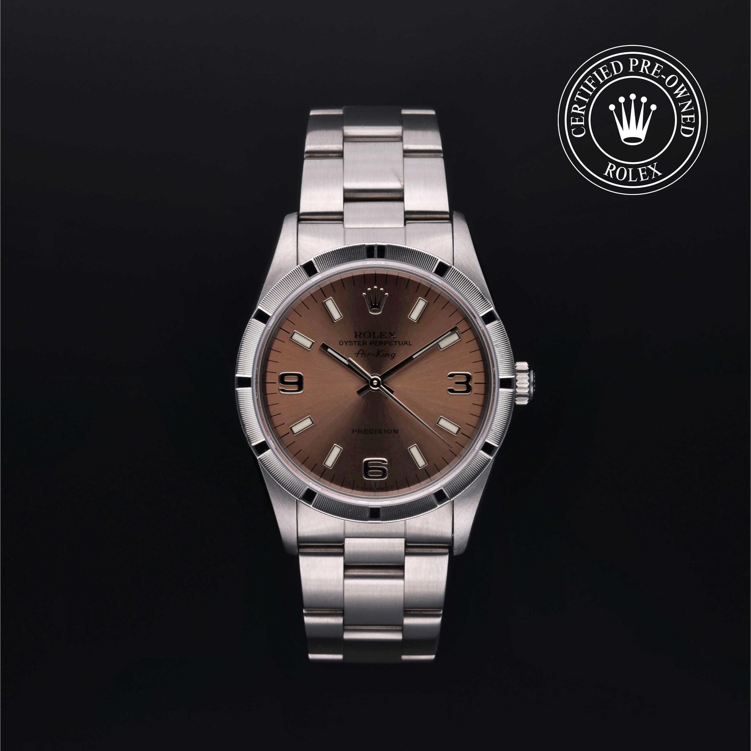 Rolex Certified Pre-owned Air-King M14010-0001 front on black background