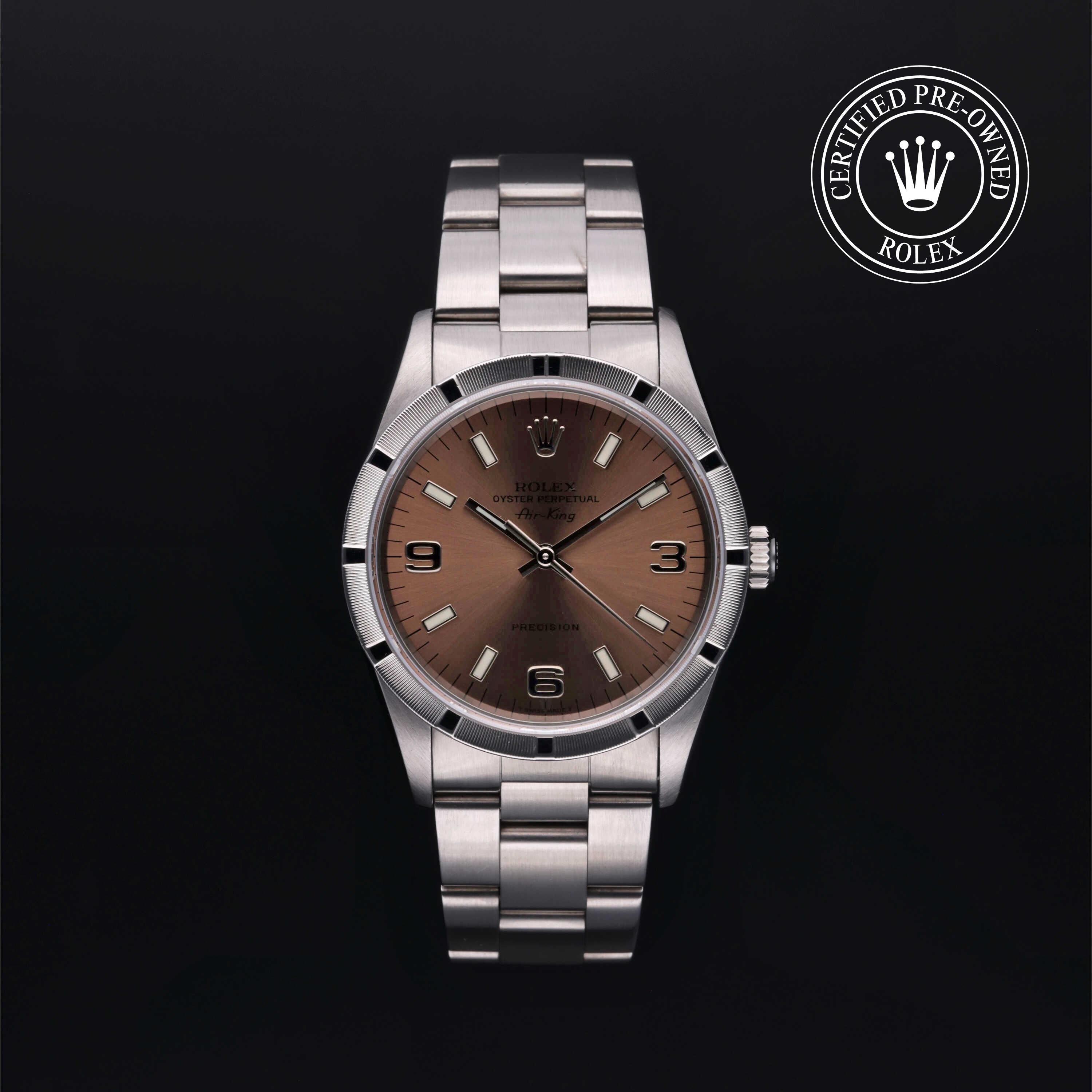 Rolex Certified Pre-owned Air-King M14010-0001 front on black background