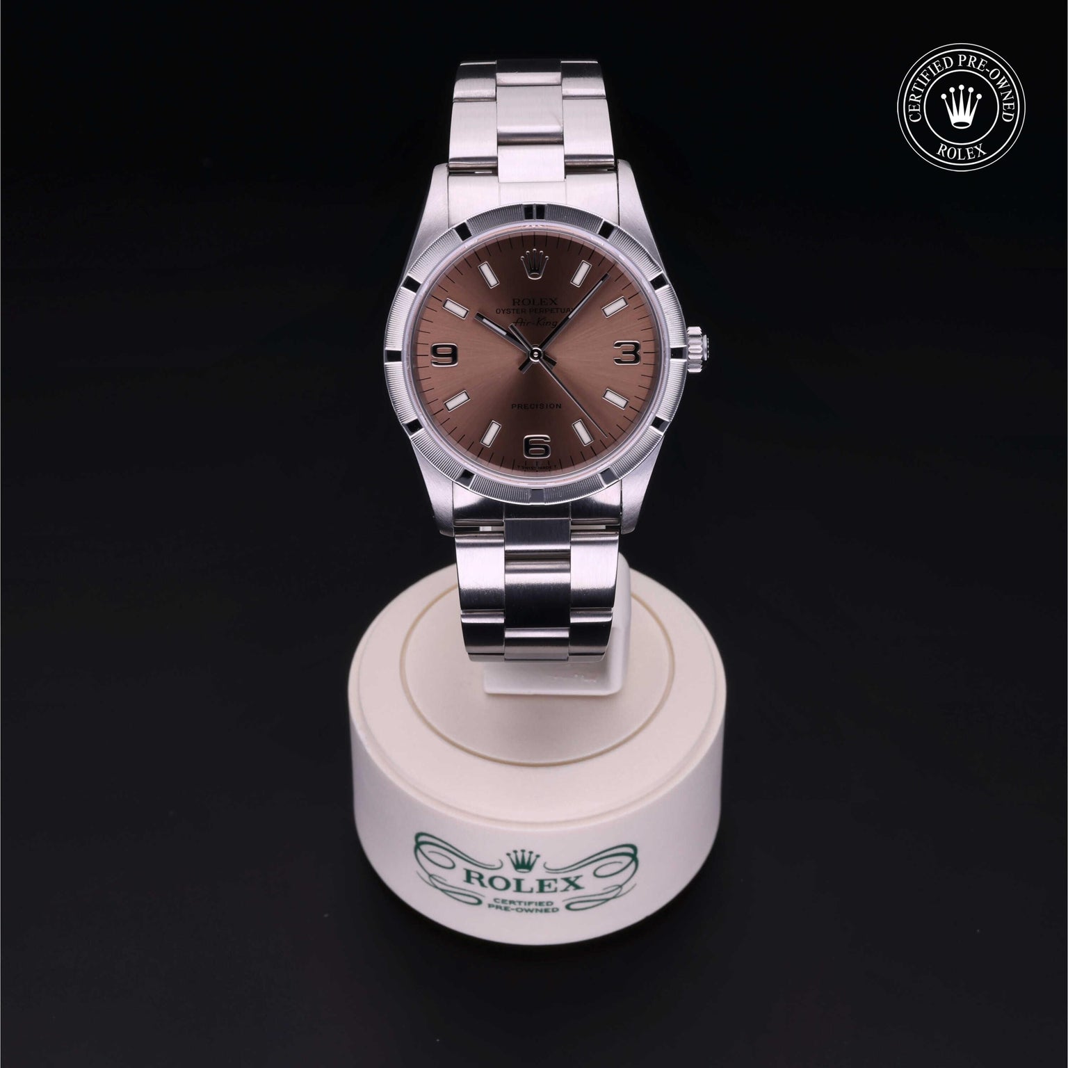 Rolex Certified Pre-owned Air-King M14010-0001 front on black background