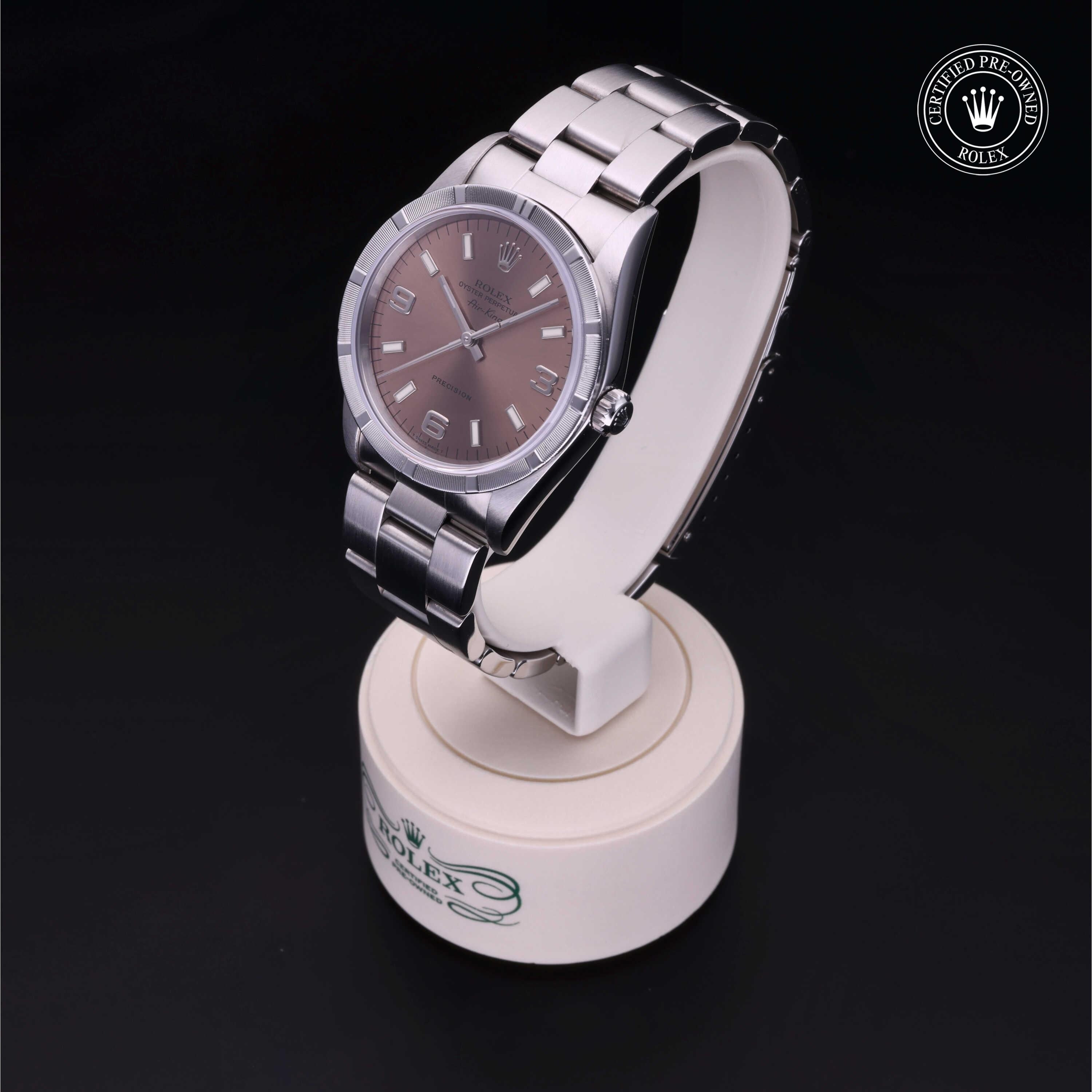 Rolex Certified Pre-owned Air-King M14010-0001 front on black background
