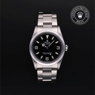 Rolex Certified Pre-owned Explorer M14270-0003 front on black background