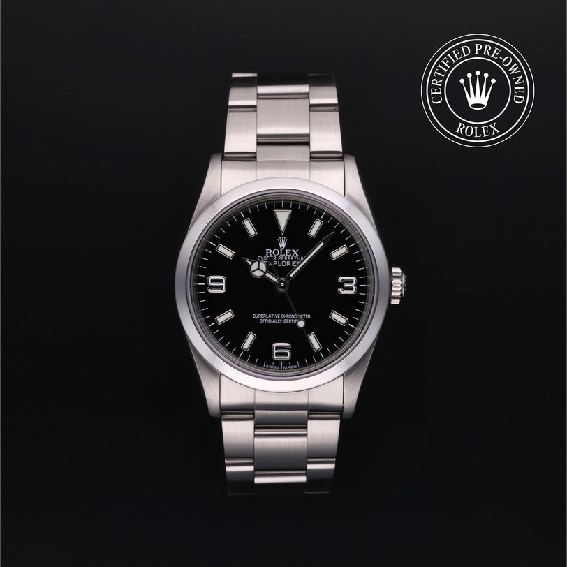 Rolex Certified Pre-owned Explorer M14270-0003 front on black background