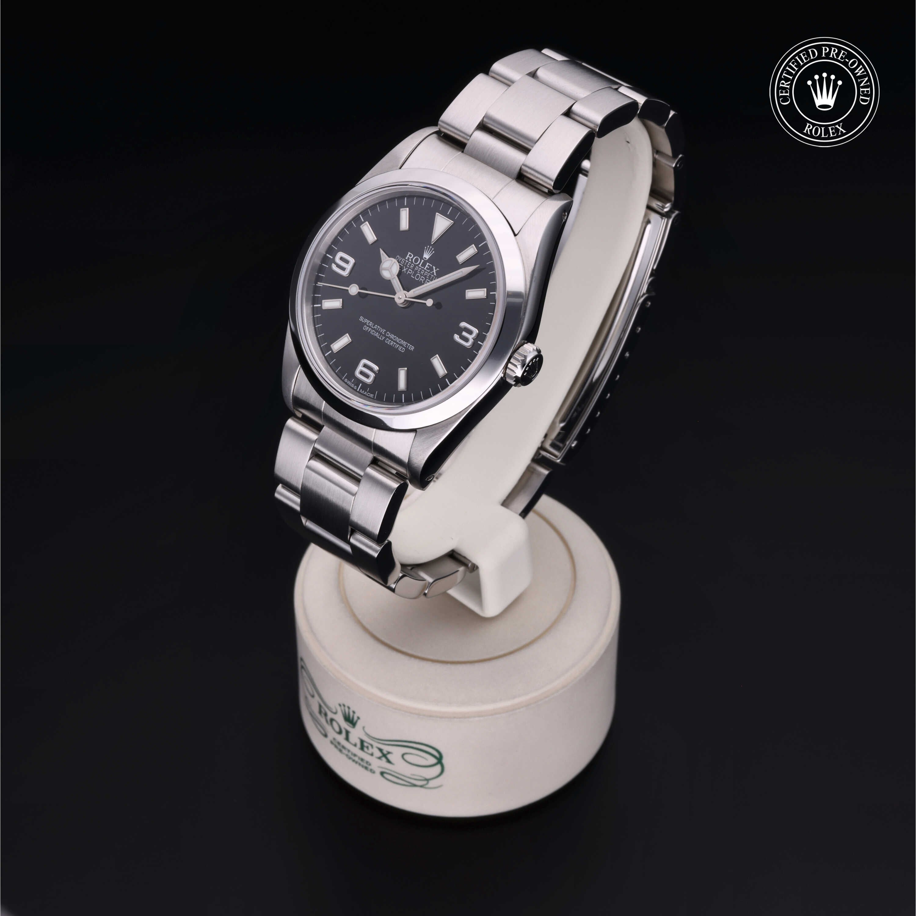 Rolex Certified Pre-owned Explorer M14270-0003 front on black background