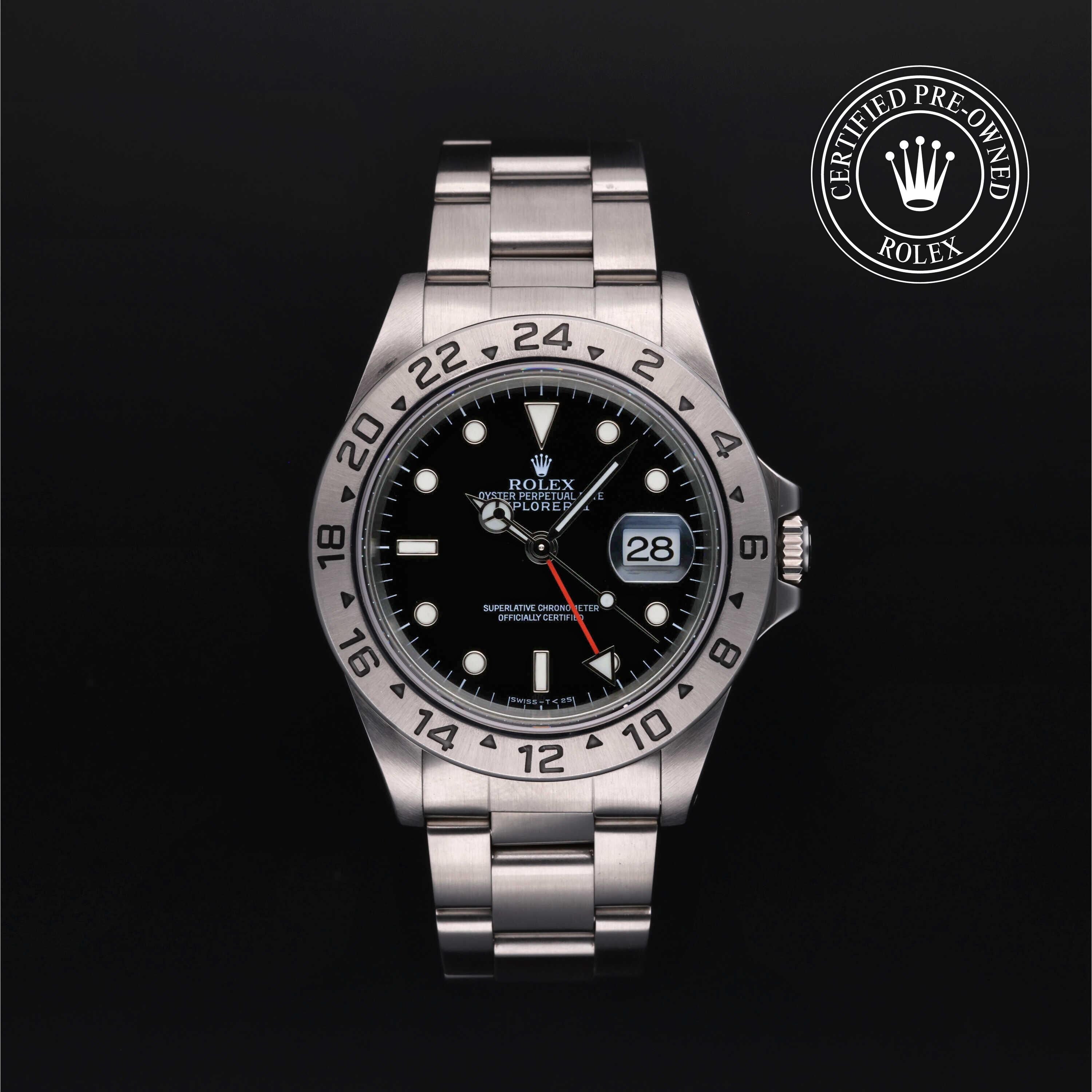 Rolex Certified Pre-owned Explorer M16570-0005 front on black background