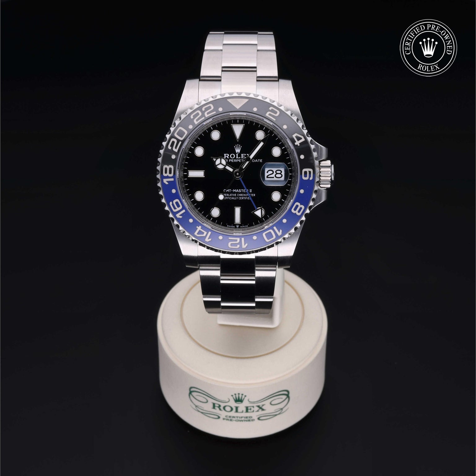 Rolex Certified Pre-owned GMT M126710BLNR-0003 front on black background