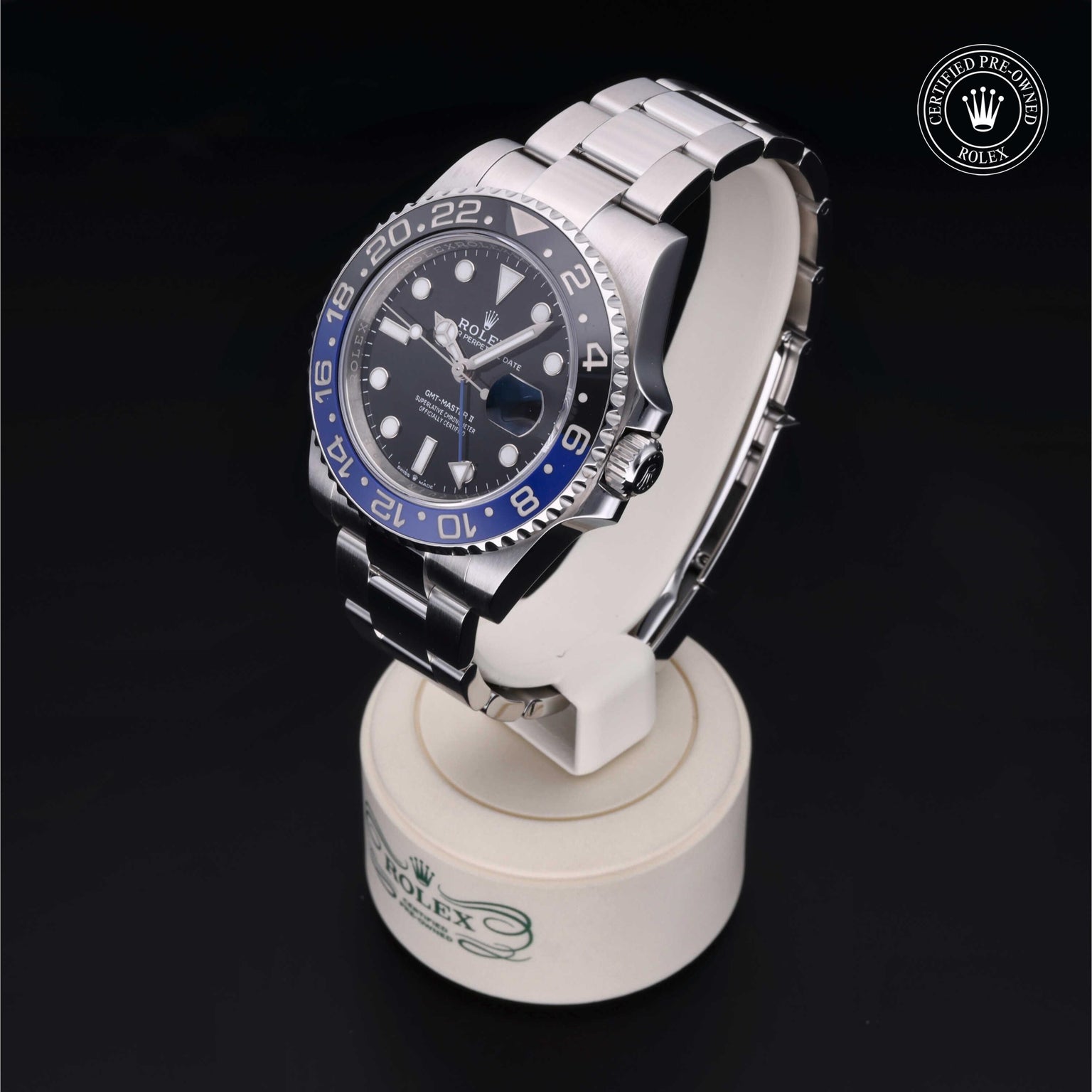 Rolex Certified Pre-owned GMT M126710BLNR-0003 front on black background