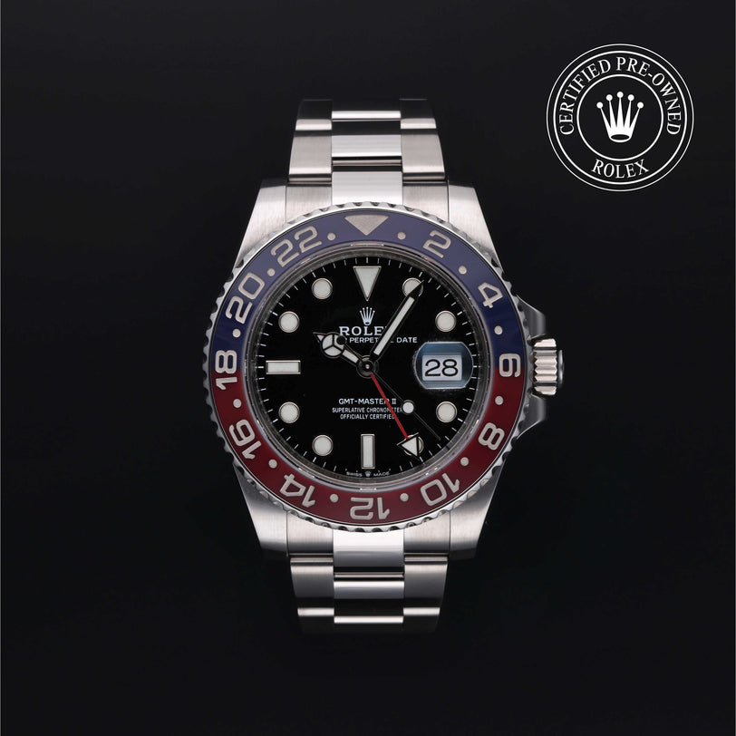Rolex Certified Pre-owned GMT M126710BLRO-0002 front on black background